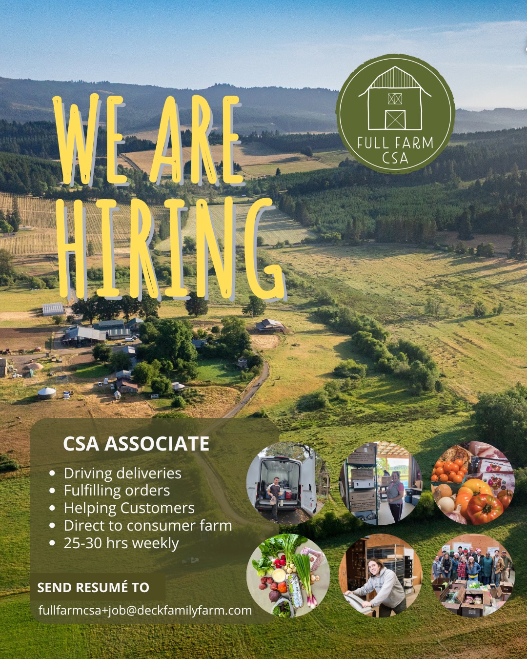 The Full Farm CSA at Deck Family Farm is looking for a new partner. We need someone to help in packing and delivering orders. Must have clean driving record, be able to lift & carry 25 pounds, and have customer-facing people skills. Job will be in Junction City and driving to Eugene/Springfield. 25 to 30 hours per week!
Great food benefits! 😋
See links in the bio for more information about Deck Family Farm and Full Farm CSA.
Send a letter of interest and resume to fullfarmcsa+job@deckfamilyfarm.com.