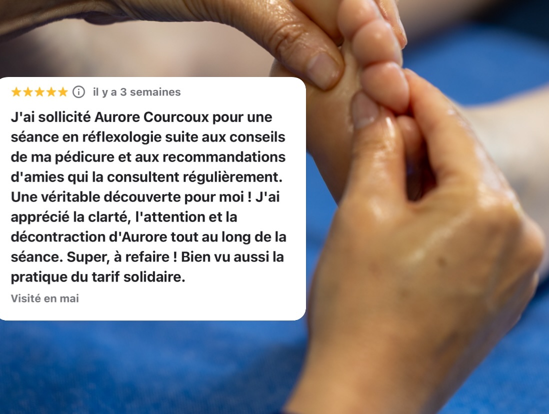 Avez-vous déjà testé la réflexologie plantaire à Rennes ? 😍
Le plus simple pour vous convaincre est de vous partager des retours. Douce journée !
« J’ai sollicité Aurore Delebarre Courcoux pour une séance en réflexologie suite aux conseils de ma pédicure et aux recommandations d’amies qui la consultent régulièrement. Une véritable découverte pour moi ! J’ai apprécié la clarté, l’attention et la décontraction d’Aurore tout au long de la séance. Super, à refaire ! Bien vu aussi la pratique du tarif solidaire. »