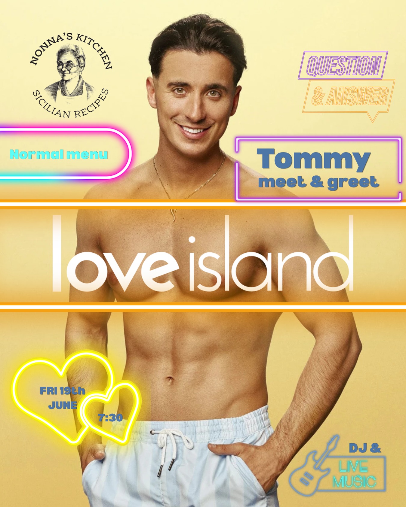 💖🔥 GOT A TEXT… 🔥💖
Islanders, this is one you DON’T want to miss 👀🌴
Love Island star TOMMY is heading to Nonna’s Kitchen for a night full of vibes, cocktails & villa energy 💃🍹✨
📍 Friday 19th June
💌 7:30PM — Table bookings & normal menu
🎷 8:30PM — Bongos / DJ bringing the heat
🎤 10PM — Tommy LIVE Q&A
🪩 Then it’s party time until late… 👀🔥
🎟️ Bookings limited — couple up & secure your spot now! 💋🌴
#LoveIsland #TommyBradley #IveGotAText #VillaVibes #NonnasKitchen GirlsNight DateNight PartyNight