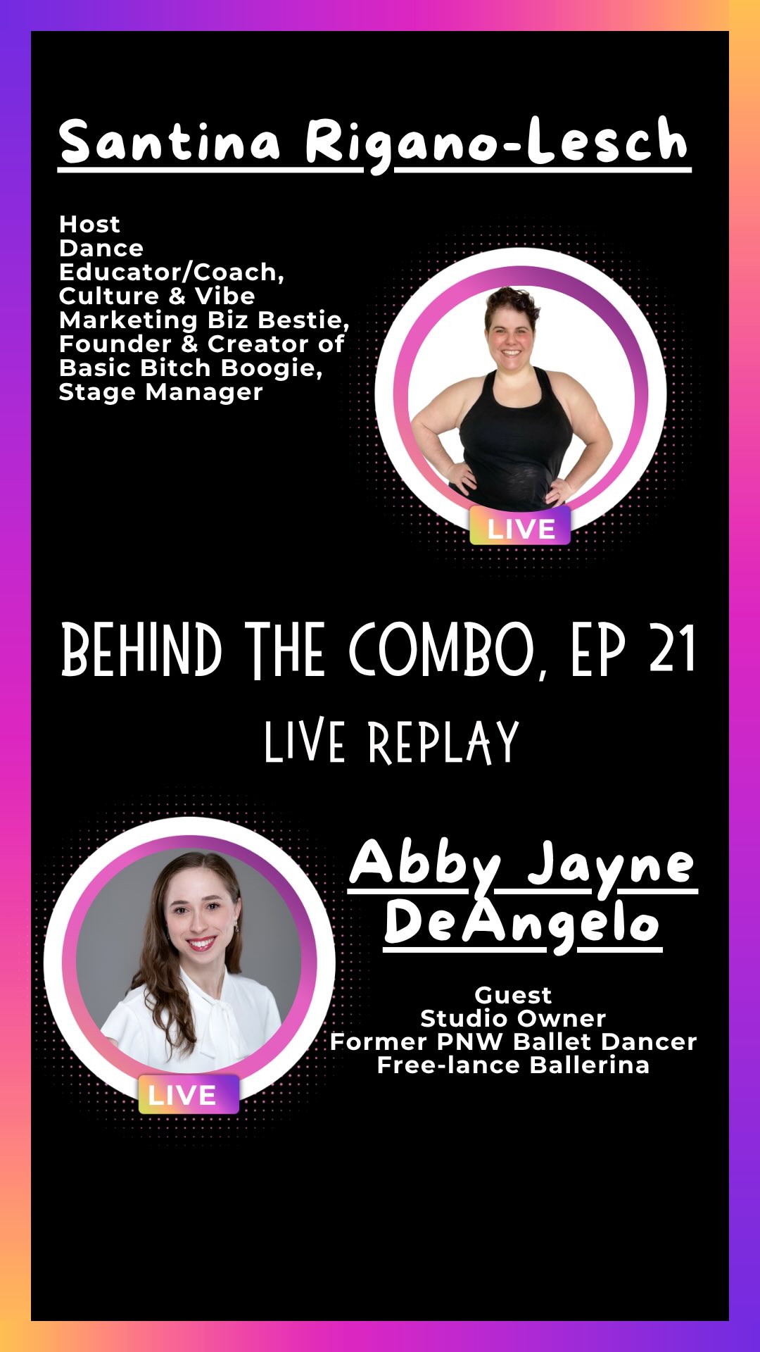 BEHIND THE COMBO | EP 21 — with Abby Jayne DeAngelo 🎙️✨
This conversation is for every educator who has ever looked at a student and thought they deserve more than what this system is giving them!
In this episode, I sat down with Abby Jayne DeAngelo, Studio Owner, Former Pacific Northwest Ballet Dancer, and Free-lance Ballerina, to talk about seeing the dancer, not the mold, and what it actually looks like to teach with individualization, injury prevention, and performance access at the center of everything you do.
Because one-size-fits-all doesn’t fit anyone.
And chronic pain, burnout, and dancers who never get on stage?
Those are preventable!
We explored:
✨ What it really means to honor every dancer’s unique body, background, and learning pathway as an educator
🩰 How a one-size-fits-all curricula contributes to preventable injury and what to do instead
💪🏽 What prehab and conditioning actually look like woven into a dance class without taking it over
🎭 Why performance access matters and what it means to make sure every student gets a real moment on the stage
🌀 Whether the dance education world is finally moving away from the old way or if we still have a long way to go
This one is for the educators who are done treating injury as part of the deal and ready to teach in a way that protects and serves every single dancer in the room.
Because every dancer deserves to be seen for exactly who they are 💜
Watch the replay and share one thing you do to honor the individuality of your dancers?