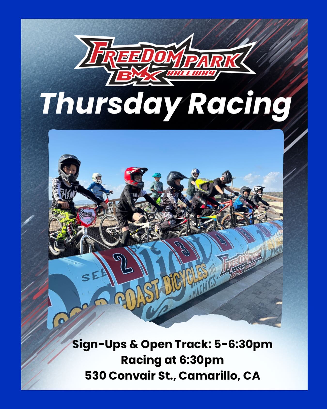 Thursday night racing at Freedom Park BMX 🏁
Sign-ups and open track: 5-6:30PM, racing begins at 6:30PM. $15 per racer. All riders welcome!
We will also be taking sign-ups for this Saturday’s combined Gold Cup + State Race.
See you at the track!
#freedomparkbmx #usabmx #bmxracing #venturacounty #camarillo