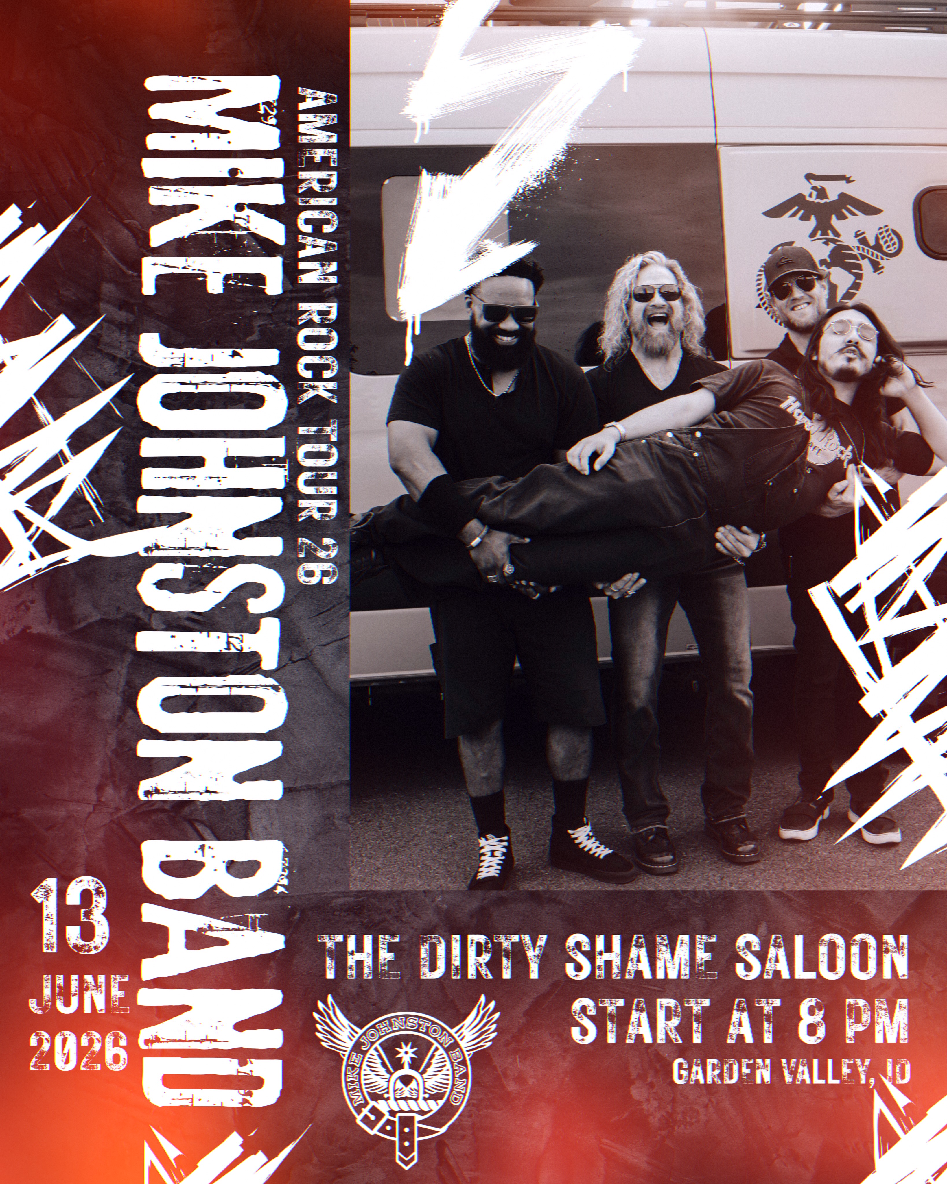 The American Rock Tour rolls on to Crouch, ID @the_dirty_shame_saloon with the Mike JohnstonBand! Join @mikejohnston_music @benji_nil @chiefblue_official and @basajuan208 for a rowdy jam filled evening! It is never the same show twice so you can’t afford to miss even one! Please come on out a bang your head, shake your hips and party with the MJB! #mikejohnstonband #originalmusic #americanrock Thanks to the best rock stylist in the Treasure Valley @aura_studios.idaho and our musical gear gurus @12thfretmusic for all the love and support!