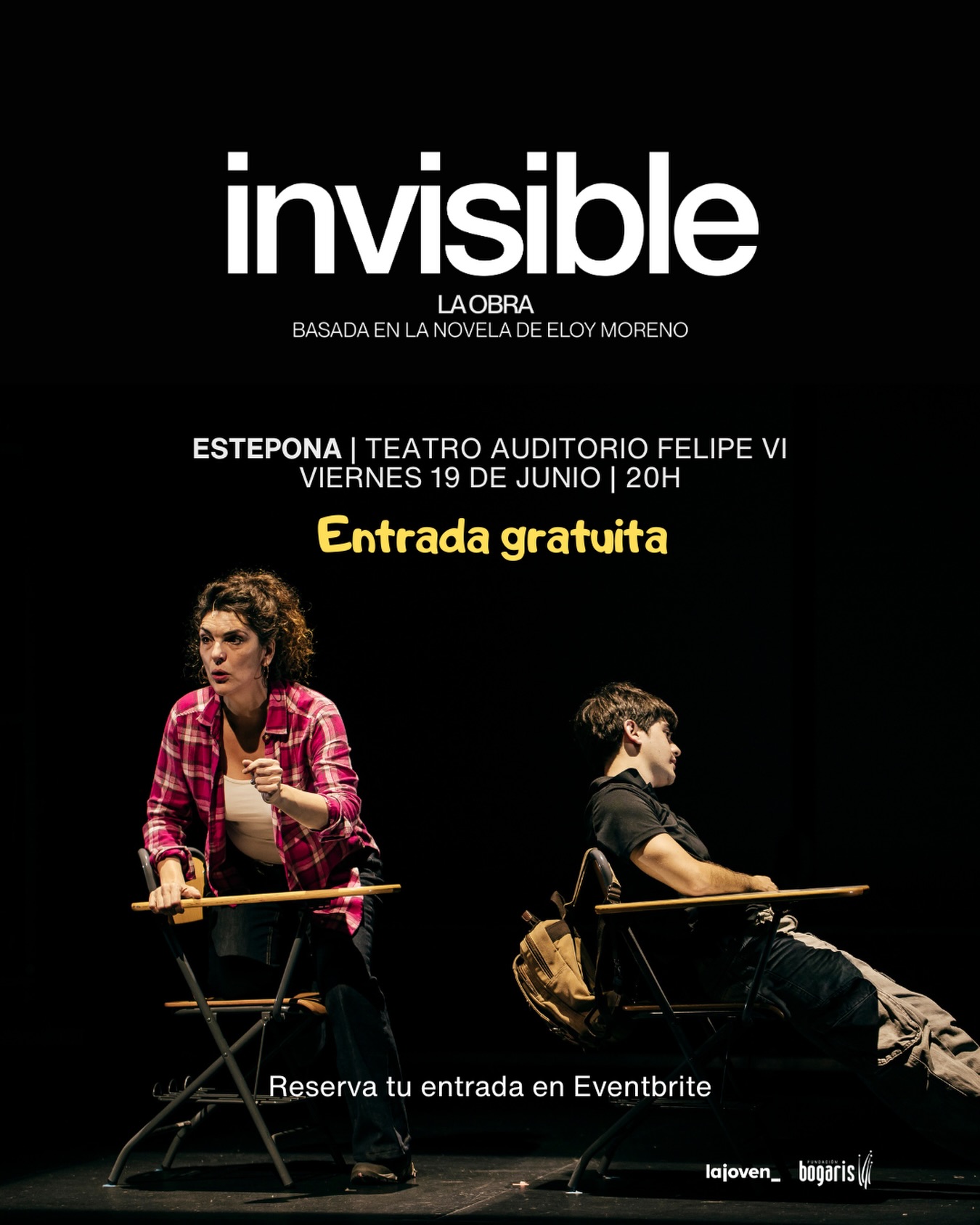 La Fundación Bogaris @bogaris_, en colaboración con el Ayuntamiento de Estepona, presenta en el Teatro Auditorio Felipe VI una nueva propuesta teatral: INVISIBLE, adaptación de la novela de @eloymorenoescritor, con dramaturgia de Josep Maria Miró y dirección de José Luis Arellano García.
🗓️ Viernes 19 de junio - 20:00h - Teatro Auditorio Felipe VI
Se trata de una función gratuita organizada por la Fundación Bogaris, cuya misión es promover la cultura en Estepona.
🎟️ Podéis reservar vuestra entrada de forma gratuita en el enlace de Eventbrite de nuestra bio
¡Nos vemos en el teatro!
