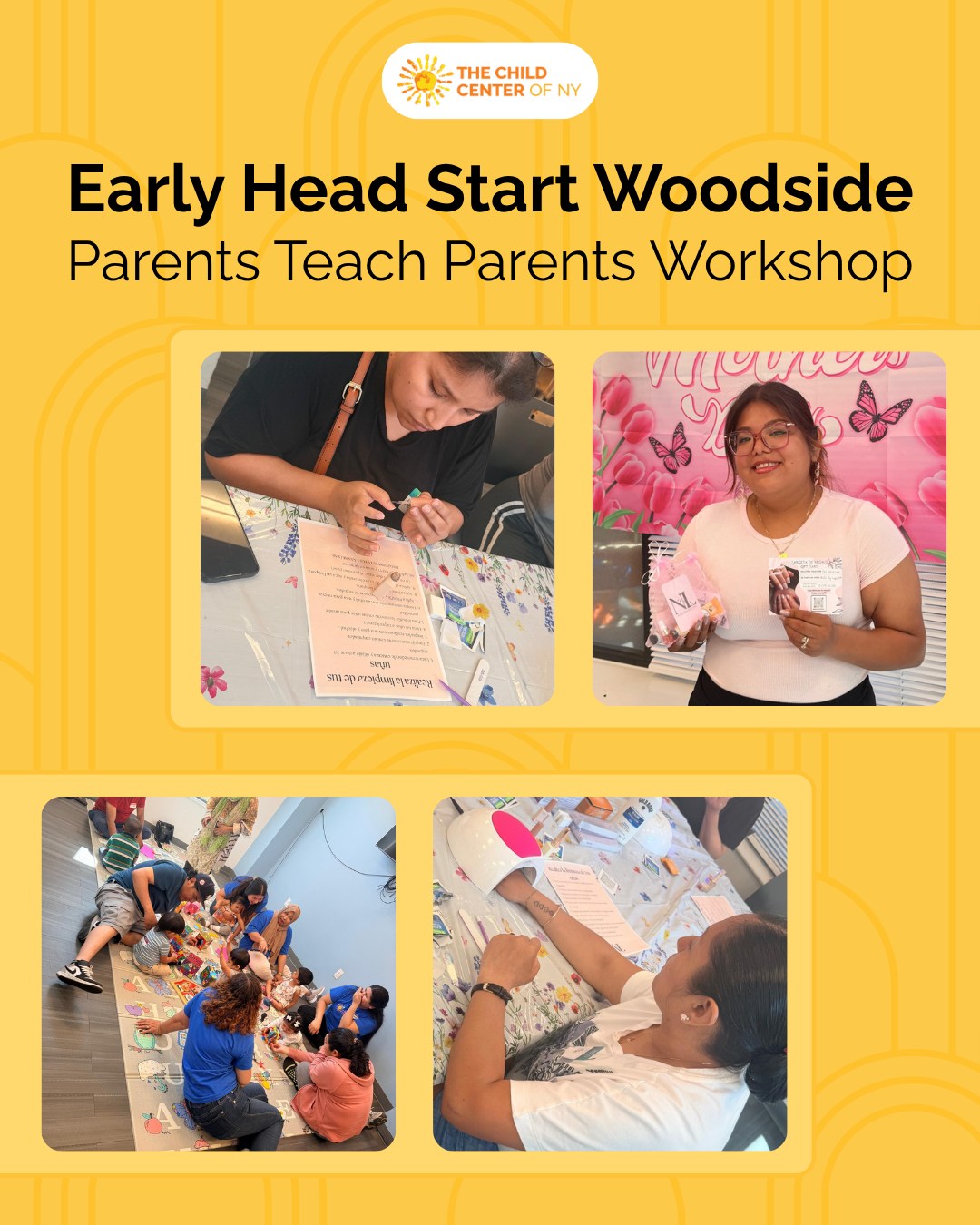 We loved hosting 19 families at our “Parents Teach Parents” workshop at Early Head Start Woodside! This series empowers parents to share their talents, support one another, and grow their passions into potential opportunities
This month, our parent leader, Guadalupe Peña, led a self-care workshop where parents learned how to do manicures and create exfoliating hand scrubs, creating a relaxing, joyful space for families to unwind and connect.