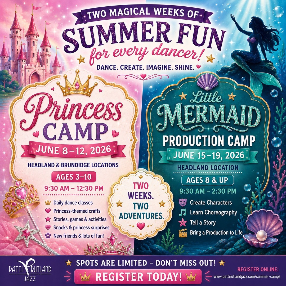 Two magical weeks of summer fun are almost here! ✨
Whether your child dreams of twirling through a fairytale or bringing a story to life on stage, we have a camp for them.
👑 Princess Camp
June 8–12
Headland & Brundidge Locations
Ages 3–10
9:30 AM–12:30 PM
Princess Camp is filled with dancing, crafts, games, stories, imagination, and plenty of magical memories.
🧜♀️ Little Mermaid Production Camp
June 15–19
Headland Location
Ages 8 & Up
9:30 AM–2:30 PM
Production Camp is perfect for dancers who love performing, creating characters, learning choreography, developing scenes, and working together to bring a story to life.
Spots are still available, but camp starts soon!
Register today by clicking the link in our bio!
#PattiRutlandJazz #PRJ4Ever #PrincessCamp #LittleMermaidCamp #ProductionCamp #SummerCamp #HeadlandAL #BrundidgeAL #DanceLife #SummerFun #KidsActivities #DanceCamp