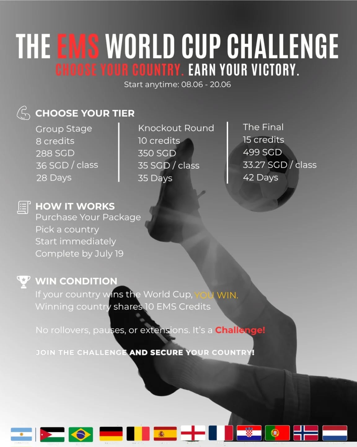 🏆 EMS WORLD CUP CHALLENGE
Choose your country. Earn your victory.
This isn’t just training,
this is competition.
Step in. Represent your team.
Every session brings you closer to the win.
⚡ Pick your tier. Start immediately.
🏁 Finish before your validity date.
🏆 If your chosen country wins, you win
🎁 Bonus credits. Exclusive rewards. Bragging rights.
No pauses. No extensions.
Only those who finish strong take it home.
Ready to play? Link in BIO👆👀
#interpulsefitnesssingapore #ems #singaporefitness #EMSChallenge #worldcup2026 WorldCupEnergy