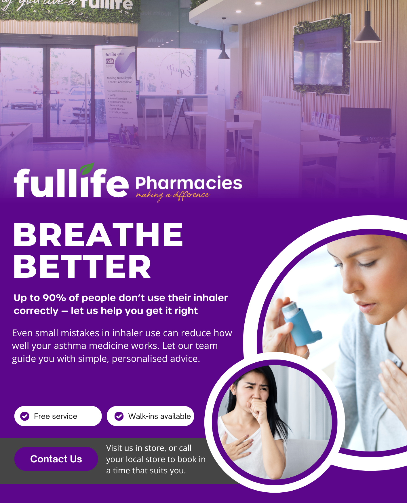Up to 90% of people don't use their asthma inhaler correctly - let us help you get it right!
Book in for an asthma inhaler technique check at Fullife Mill Park, and we'll guide you with simple and personalised advice.