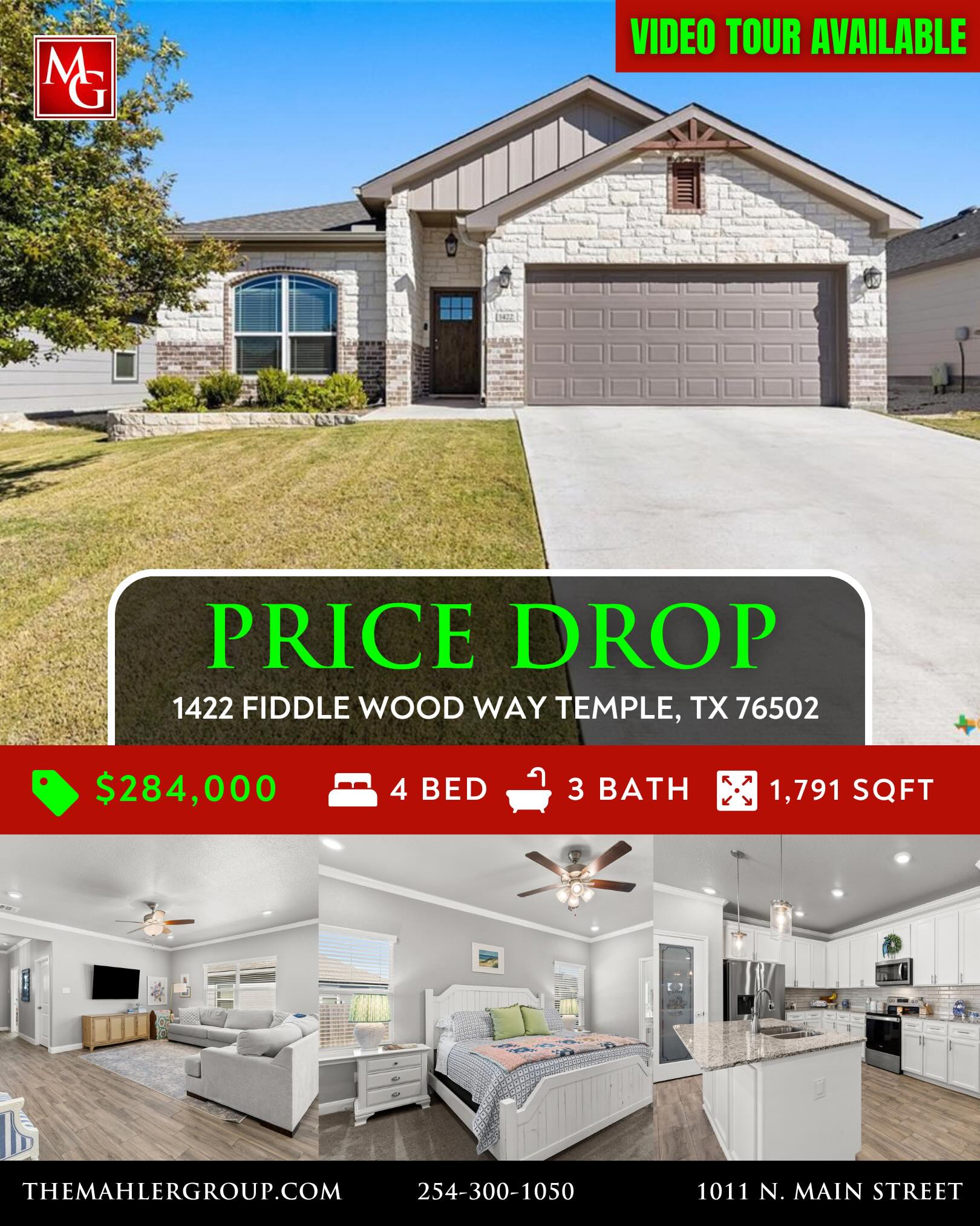 PRICE IMPROVEMENT!
1422 Fiddle Wood Way Temple, TX 76502
4 Bed/3 Bath 1,791 Sqft
$284,000
STUNNING 4-BEDROOM, 3-BATH HOME SHOWCASING EXCEPTIONAL QUALITY BY JERRY WRIGHT HOMES. From the moment you arrive, the curb appeal shines with an Austin stone and brick exterior accented by board-and-batten details and charming craftsman touches—plus a gutter system for easy maintenance. Inside, a huge great room brings the kitchen, living, and dining spaces together in one open, airy layout—surrounded in crown molding & perfect for entertaining while offering plenty of flexibility for furniture arrangements and gathering zones. The light and bright island kitchen is a true centerpiece, featuring a plethora of cabinets, stainless steel appliances, granite countertops with an attractive backsplash, and a dedicated pantry for extra storage. “Room for a crowd” adequately describes the spacious dining area, complete with a window cut-out and just steps from the backyard door for easy indoor/outdoor flow. A smart split-bedroom design provides privacy for everyone, including a standout bedroom right off the entry with its own ensuite bath—ideal for guests, teens, older parents, or a private home office. The other two secondary bedrooms are good sizes and are steps away from both laundry room & third bath. The primary suite is a relaxing retreat and opens into a double-vanity bath complete with a private toilet, soaking tub and separate shower. Outside, everything is already in place: a fully covered back patio, beautiful landscaping, & a sprinkler system surrounded by a privacy fence. Move-in ready and packed with thoughtful features—don’t miss this one!