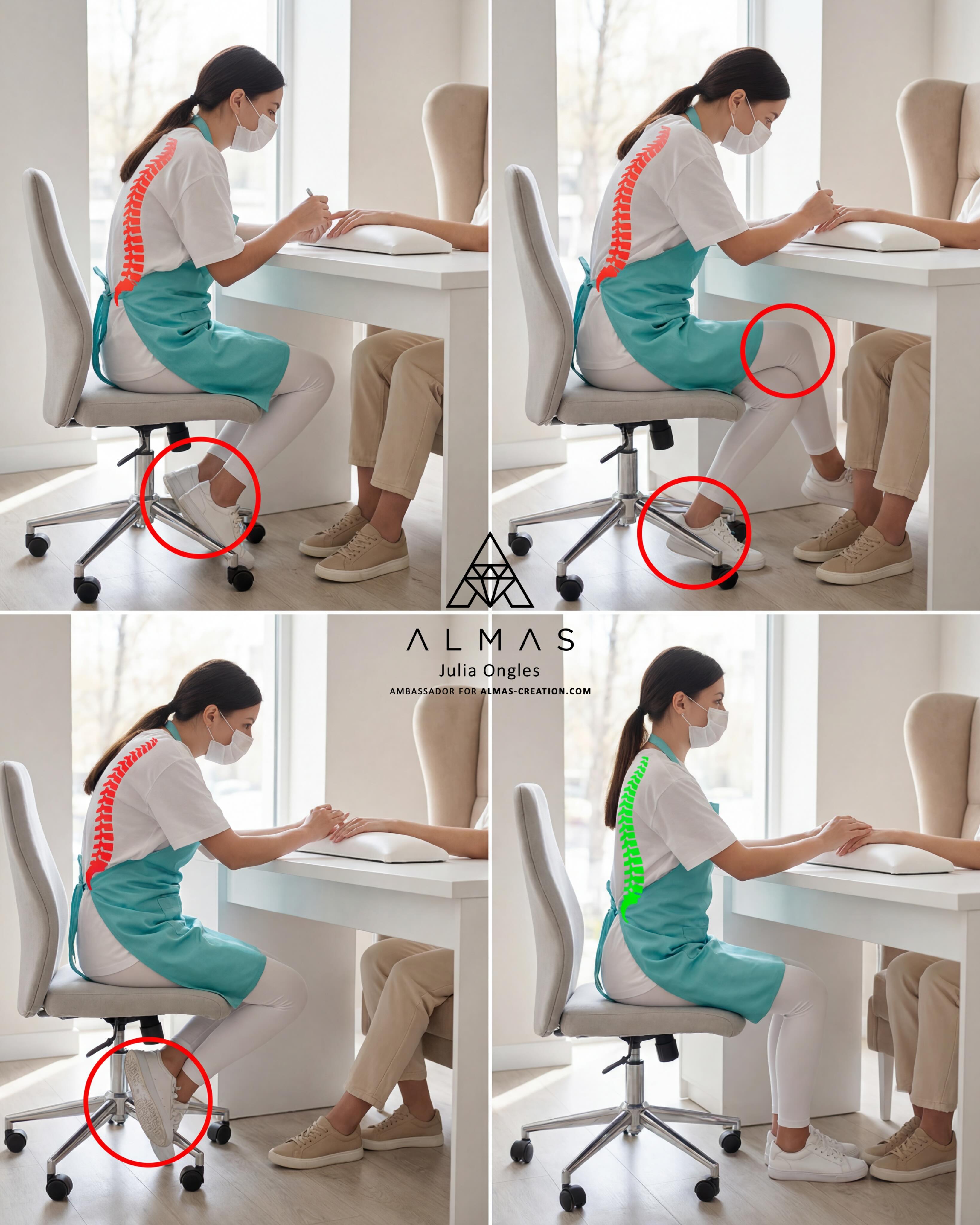 Afin de vous préserver, voici une liste de ce que vous ne devriez surtout pas faire… :
❌ poser vos pieds sur la base du fauteuil,
❌ avoir les jambes croisées,
❌ replier vos pieds sous la chaise.
C’est en faisant tout cela que les professionnels prennent le risque d’endommager leur dos. Au début, seule de la fatigue se fait sentir… puis arrivent :
• des douleurs lombaires,
• des tensions dans la nuque,
• des migraines,
• des engourdissement dans les jambes,
• un déséquilibre de la posture…
✅ La position la plus sûre :
✔ pieds à plat sur le sol,
✔ angle d’environ 90° dans les jambes,
✔ soutien lombaire.
⚠️ Même avec une bonne posture, il est important de :
• ne pas rester dans la même position toute la journée,
• se lever entre chaque client,
• bouger régulièrement,
• soulager la nuque et le bas du dos.
N’attendez pas que votre corps vous alerte! Et vous, quelle est votre position la plus fréquente au travail ? 👀
Sauvegardez ce post pour vérifier votre posture au quotidien. ☑️
#manucure #manucures #pédicure #onglesparis #manucureparis