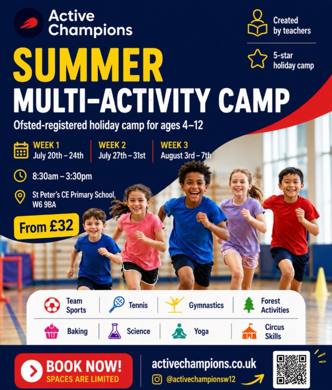 ☀️ SUMMER CAMP IS HERE! ☀️
Looking for a fun-filled summer for your little ones? 🎉 Our Multi-Activity Camp is packed with sports, tennis, gymnastics, science, baking, yoga, forest activities, circus skills and so much more!
📅 20th July – 7th August
👧👦 Ages 4–12
📍 St Peter’s CE Primary School, W6 9BA
⏰ 8:30am – 3:30pm
💷 From just £32
Spaces are limited, so book early to avoid missing out! 🚀
#SummerCamp #HolidayCamp #KidsActivities #LondonKids #summerfun