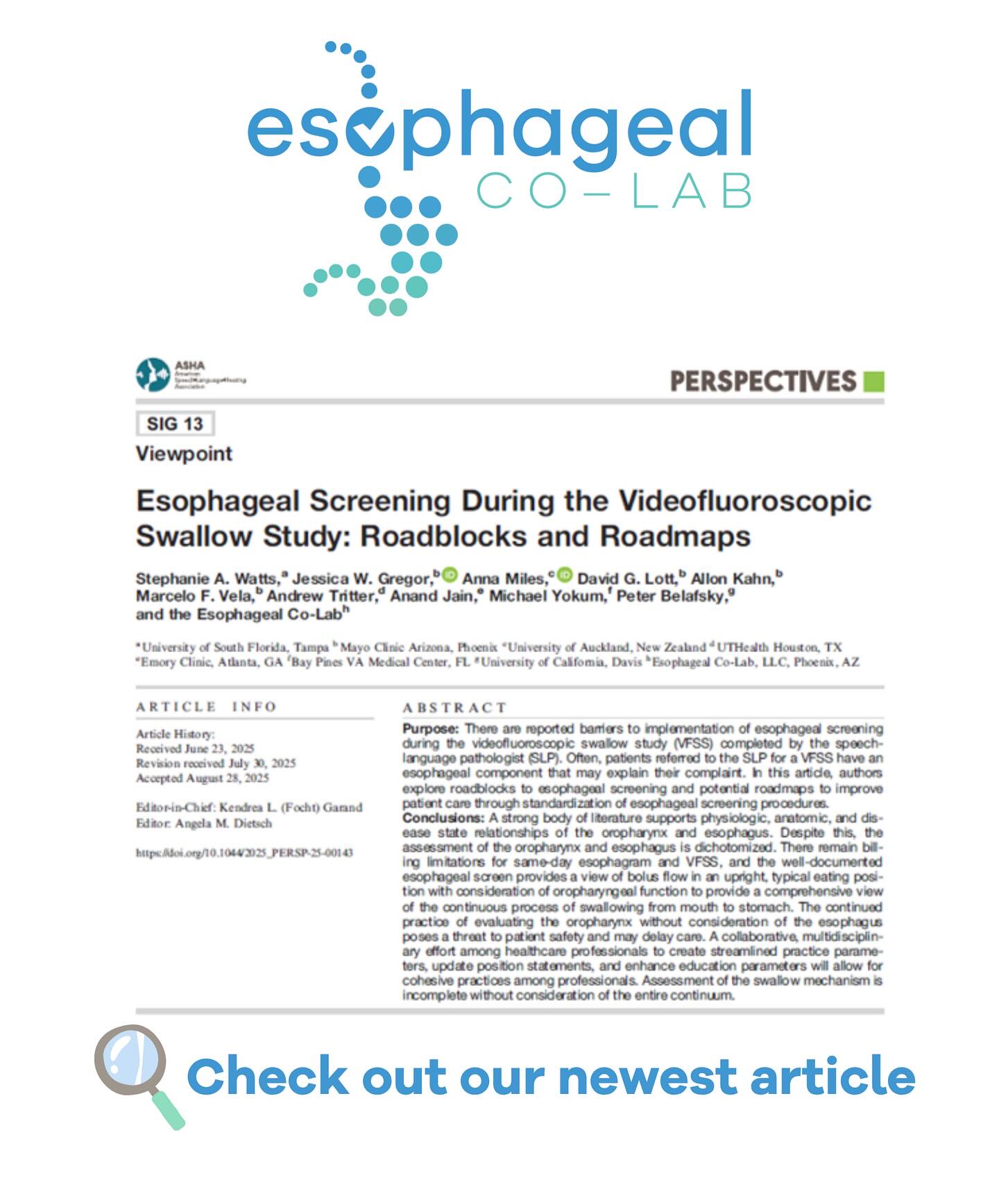 Esophageal Co-Lab teamed up to publish their first article addressing the issues with esophageal visualization and screening during videofluoroscopic swallow studies! 🙌
The Co-Lab’s official statement: “Assessment of the swallow continuum is incomplete without consideration of the esophagus.” 💥🎤drop
Access this paper here: https://pubs.asha.org/doi/10.1044/2025_PERSP-25-00143
Download it, digest all the knowledge, and share with your colleagues. 🧠
Feel the same way? Drop a comment below 🫶