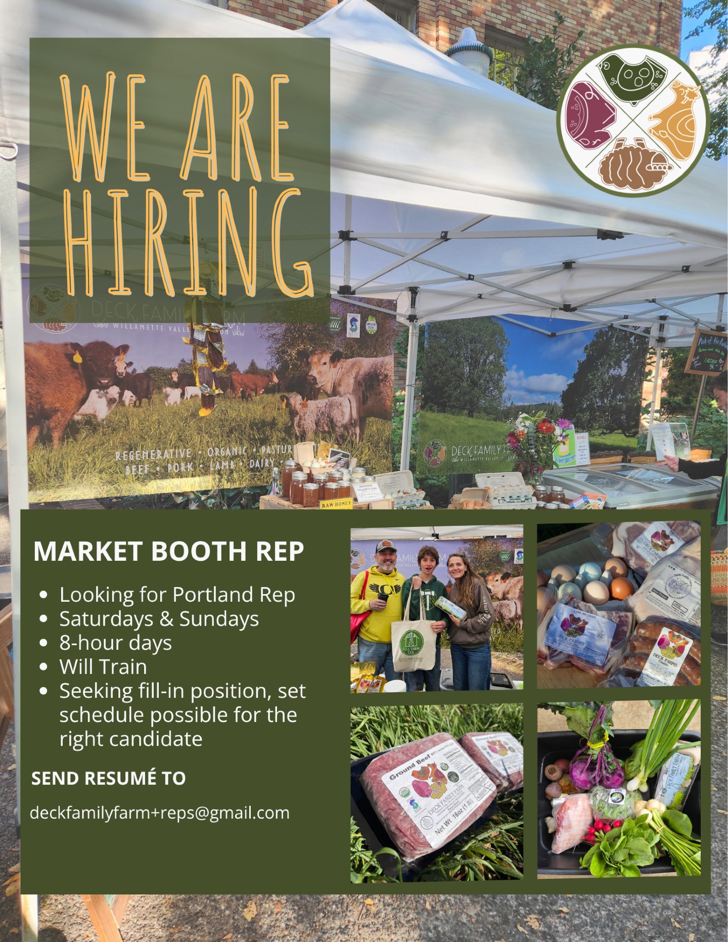 Do you love farmers markets?? Do you wish you could spend the whole day there? You're in luck!
Deck Family Farm is hiring a Portland-based market booth rep. Eight-hour days on Saturdays and Sundays. We are seeking a fill-in position but will be able to offer a set schedule for the right person.
Send letter of interest and resumé to deckfamilyfarm+rep@gmail.com.
