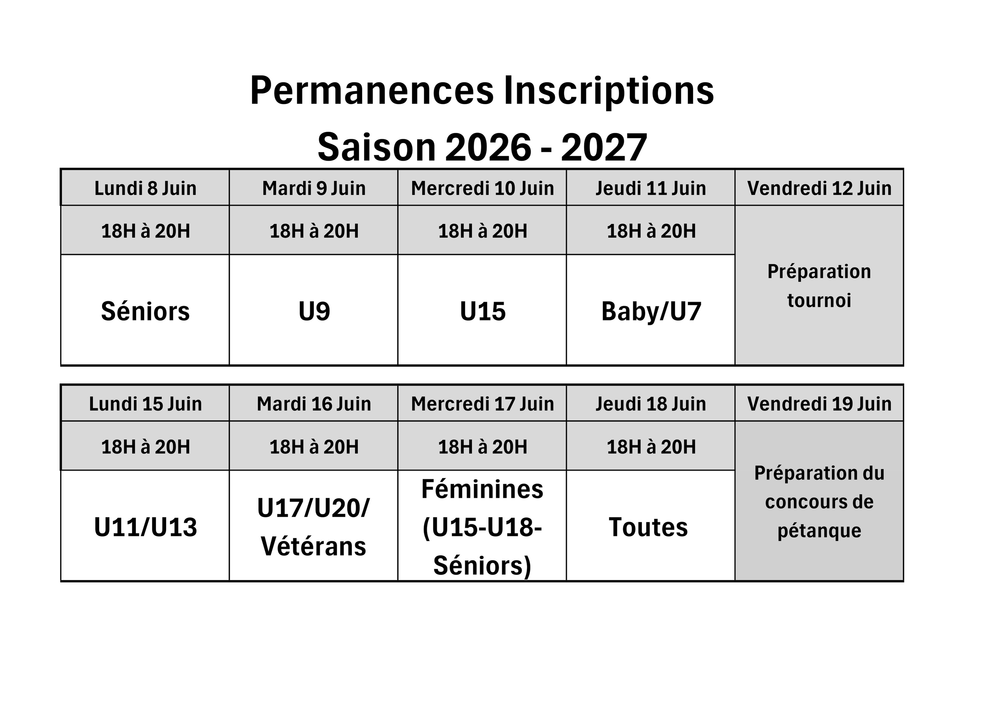 ⚽ Inscriptions Saison 2026 – 2027 ⚽
Les permanences arrivent ! 📅
Venez vous inscrire sur les créneaux donnés pour la saison prochaine 🔥
On vous attend nombreux 💪
Contact obligatoire pour les nouveaux joueurs avec le responsable de catégorie avant l’inscription
👉 Retrouvez ci-dessous les dates par catégorie :
* Lundi 8 juin : Séniors
* Mardi 9 juin : U9
* Mercredi 10 juin : U15
* Jeudi 11 juin : Baby / U7
* Lundi 15 juin : U11 / U13
* Mardi 16 juin : U17 / U20 / Vétérans
* Mercredi 17 juin : Féminines (U15 – U18 – Séniors)
* Jeudi 18 juin : Toutes catégories
#CSSP