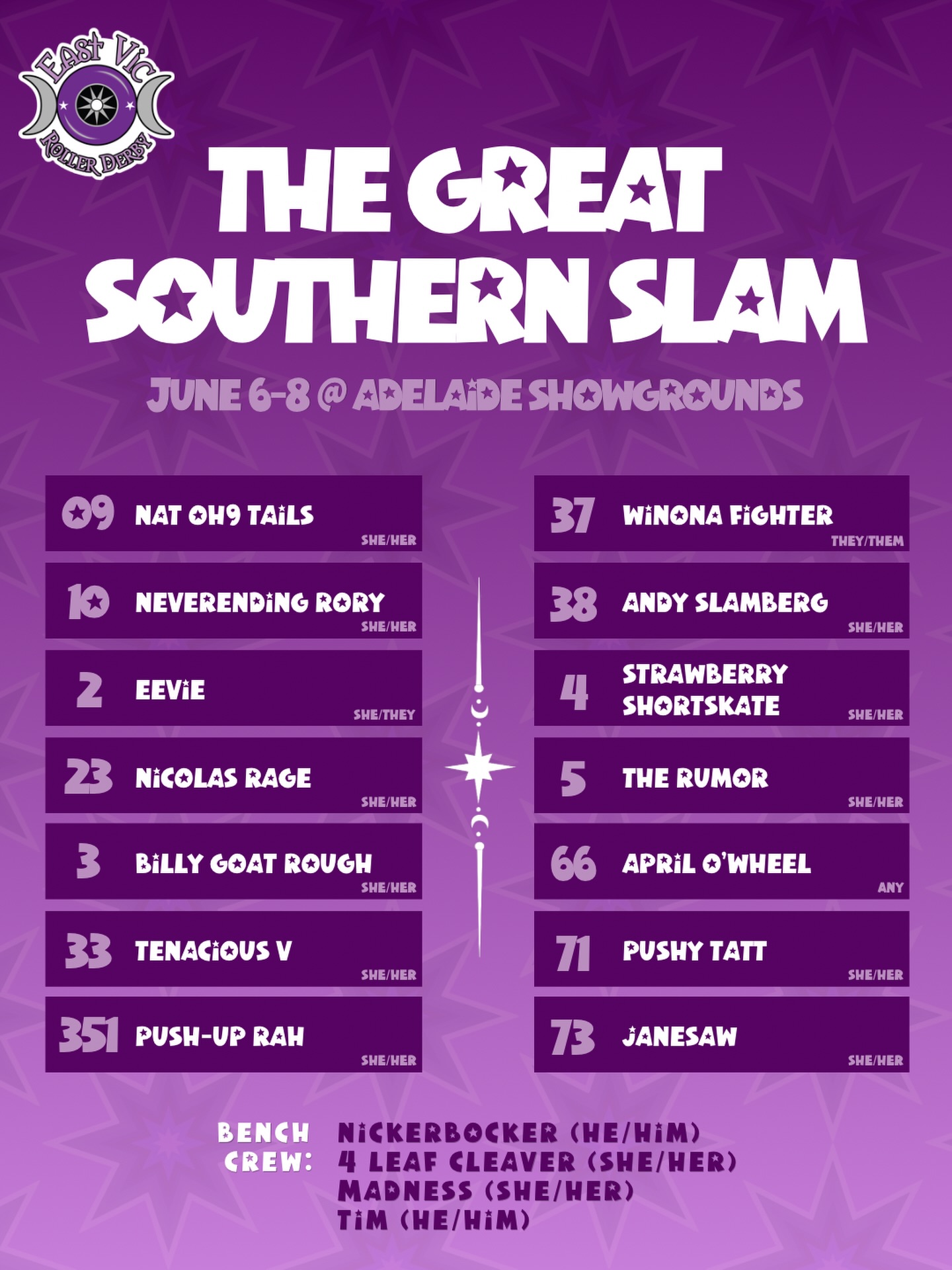 It’s officially @thegreatsouthernslam weekend, and our witches are making their way to Adelaide! 🚘 ✈️
We are so excited to take to the track at Adelaide Showgrounds for our first match tomorrow at 2:15pm against @wird_steelcity and @maitlandrollerderby 🛼
And then again bright and early at 9am on Sunday against @southsearollerderby @saltybeachesrollerderby and @gippslandrangesrollerderby 🩵
Looking forward to another jam-packed weekend of roller derby, and wishing the best of luck to all our Witches and everyone competing!