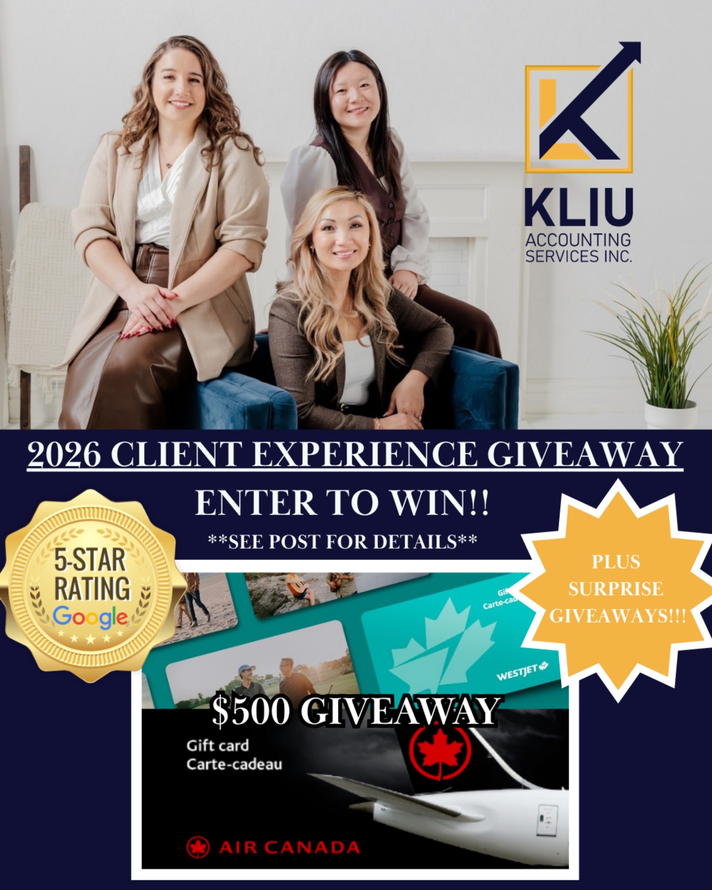 🎉 2026 Client Experience Giveaway! 🎉
We are celebrating our amazing clients in 2026! 💙
As a special thank-you for using our accounting and tax services, clients who share their experience will be entered into our exclusive client-only giveaway!
This year includes TWO separate draws for a $500 Travel Gift Card — giving you even more chances to win your next adventure! ✈️🌎
✨ Share your experience. Start your next adventure. ✨
Plus enjoy UNLIMITED chances to win surprise #SupportLocal giveaways throughout the year! 🎁
💝 GRAND PRIZE OPTIONS
🎁 $500 WestJet Vacations Travel Gift Card (OR)
🎁 $500 Air Canada Travel Gift Card
Gift card provided based on availability and may be issued for either WestJet or Air Canada.
📢 HOW TO ENTER
✅ Complete a tax preparation services engagement with our team during 2026.
✅ Leave @KLiuAccounting a Google Customer Review after your service.
Each client receives:
✔ 1 entry per review submitted toward the 2026 Client Experience Giveaway (two draws)
✔ Automatic entry into surprise #SupportLocal giveaways throughout the year.
_
✨ EARN ADDITIONAL ENTRIES
📱 Share or tag us in a social media post
📝 Complete a client survey
Each action = one additional draw entry!
📆 Draw Details
All giveaway draws will take place and be announced before December 31, 2026. Winners will be contacted by email (if available).
Need help with tax preparation services, small business bookkeeping, or business bookkeeping?
👉 Contact us through our LINK IN BIO 💼
Follow @KLiuAccounting for:
🎉 2026 Client Experience Giveaway winners
🎁 Surprise #SupportLocal giveaways
💡 Helpful tips on bookkeeping services, accounting and tax services
Let’s celebrate success, growth, and the moments that matter! 🎊
BEYOND NUMBERS | EMPOWERING SUCCESS
#Giveaway #ClientExperience #WinnipegGiveaway #Accounting #Bookkeeping #SupportSmallBusiness #WinnipegAccountant #ManitobaBookkeeper #ExploreMB #OnlyInThePeg #WinnipegSmallBusiness #SmallBusinessAccountant #SmallBusinessSupport #TaxAdvice #BusinessAccountantNearMe #TaxPreparationServices #AccountingAndTaxServices #BookkeepingServices #SmallBusinessBookkeeping #BusinessBookkeeping #TaxAccountant #ClientAppreciation