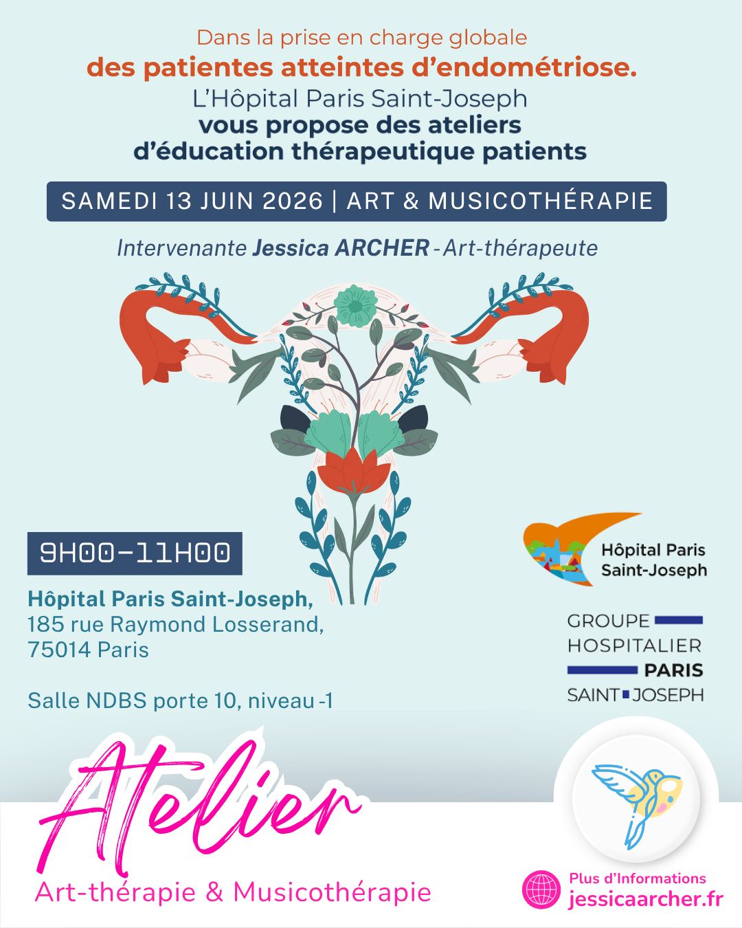 🎗️ Endométriose : créer, s'exprimer, mieux comprendre 💛
J'aurai le plaisir d'animer un atelier d'art-thérapie le samedi 13 juin de 9h à 11h dans le cadre d'une matinée dédiée à l'endométriose à l'Hôpital Paris Saint-Joseph 🏥
🎨 Un espace créatif et bienveillant pour explorer ses ressentis, partager son expérience et découvrir comment la création peut soutenir le mieux-être au quotidien.
✨ Un temps échanger, déposer, expérimenter la créativité comme ressource d'expression et de mieux-être.
📩 Pour toute information complémentaire ou pour connaître les places encore disponibles :
Mélanie Cordon (infirmière-sexologue)
✉️ mcordon@ghpsj.fr
🔗 Plus d'informations : www.ghpsj.fr
#Endométriose #Endo #SensibilisationEndométriose #SantéDesFemmes #ArtThérapie #ArtTherapie #Créativité #ExpressionDeSoi #BienÊtre #MaladieChronique #DouleursChroniques #Accompagnement #MieuxÊtre #HôpitalParisSaintJoseph #Paris #AtelierCréatif #ParoleEtCréation #EndoWarrior #EndoFrance