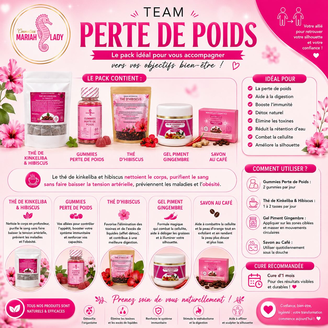 ✨ Votre transformation commence aujourd’hui ! ✨
Atteindre ses objectifs ne se résume pas à faire un régime. Une alimentation équilibrée, une activité physique adaptée et les bons accompagnements peuvent faire toute la différence.
Chez Mariah Lady Cosmetics, nous vous proposons :
🌿 Thé minceur
💊 Compléments alimentaires
🔥 Crème brûle-graisse
🪵 Madérothérapie
Le tout pour vous aider à rester motivé(e) dans votre parcours bien-être.
💕 N’oubliez pas : la régularité est la clé du succès.
🌸✨ Message d’encouragement ✨🌸
N’abandonnez jamais vos objectifs à cause du temps que cela prend. Le temps passera de toute façon. 💖
Chaque petit effort compte, chaque bonne décision vous rapproche de la personne que vous souhaitez devenir. Même lorsque les résultats ne sont pas encore visibles, votre corps travaille, évolue et vous remercie pour votre persévérance.
🌿 Faites preuve de patience.
💪 Restez constant(e).
💕 Croyez en vous.
Rappelez-vous : vous n’avez pas besoin d’être parfait(e), seulement de ne pas abandonner.
✨ Votre transformation commence le jour où vous décidez de croire en vous-même.
Vous êtes capable de bien plus que vous ne l’imaginez. Continuez d’avancer, un pas après l’autre. 🌸💖