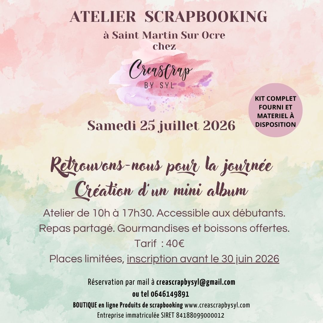 📅 Nouvelle date ! 🌞
Bloquez bien vos agendas pour le samedi 25 juillet, car une journée haute en créativité vous attend ! Imaginez-vous en train de réaliser un mini album aux teintes ensoleillées, le parfait souvenir pour clore cette saison d'ateliers. Et bien sûr, le tout arrosé de boissons glacées et agrémenté de délicieuses douceurs. Ça promet d'être un moment mémorable !
Partagez à gogo ! 🙏 Reste quelques places.
Avec impatience,
Sylvie
#creascrapbysyl #ateliers #scrapbooking #diy #scrapaddict 🌸✂️