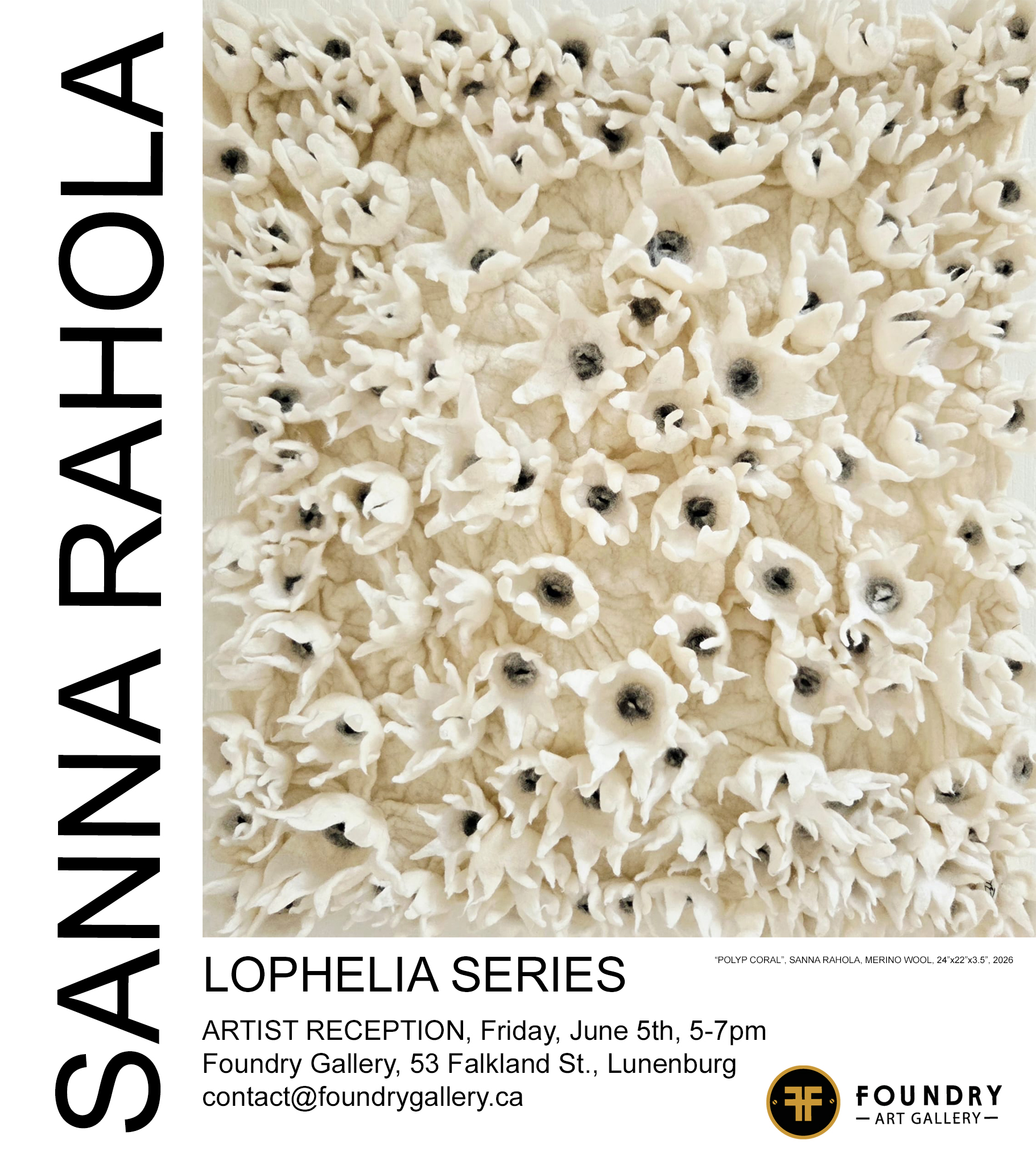 Please join me at my gallery, this Friday, June 5th, from 5-7pm, for the opening of Foundry's second season! Textile artist Sanna Rahola's fascinating Lophelia Series were created during her travels this winter in Tunisia. Made of hand worked Merino wool, her sculptures represent coral, kelp, and other sea flora she encountered while there. Oil painter Peter diGesu's large, colour-field landscapes harken back to his days growing up in the Mid-West. Now a long time resident of Mahone Bay, Peter is also currently one of the featured artists at the Muir Hotel's True Colours Gallery, and we're thrilled to be making his work available in Lunenburg. Take this opportunity to meet the artists at Foundry, this Friday night. The show will continue until July 5th.