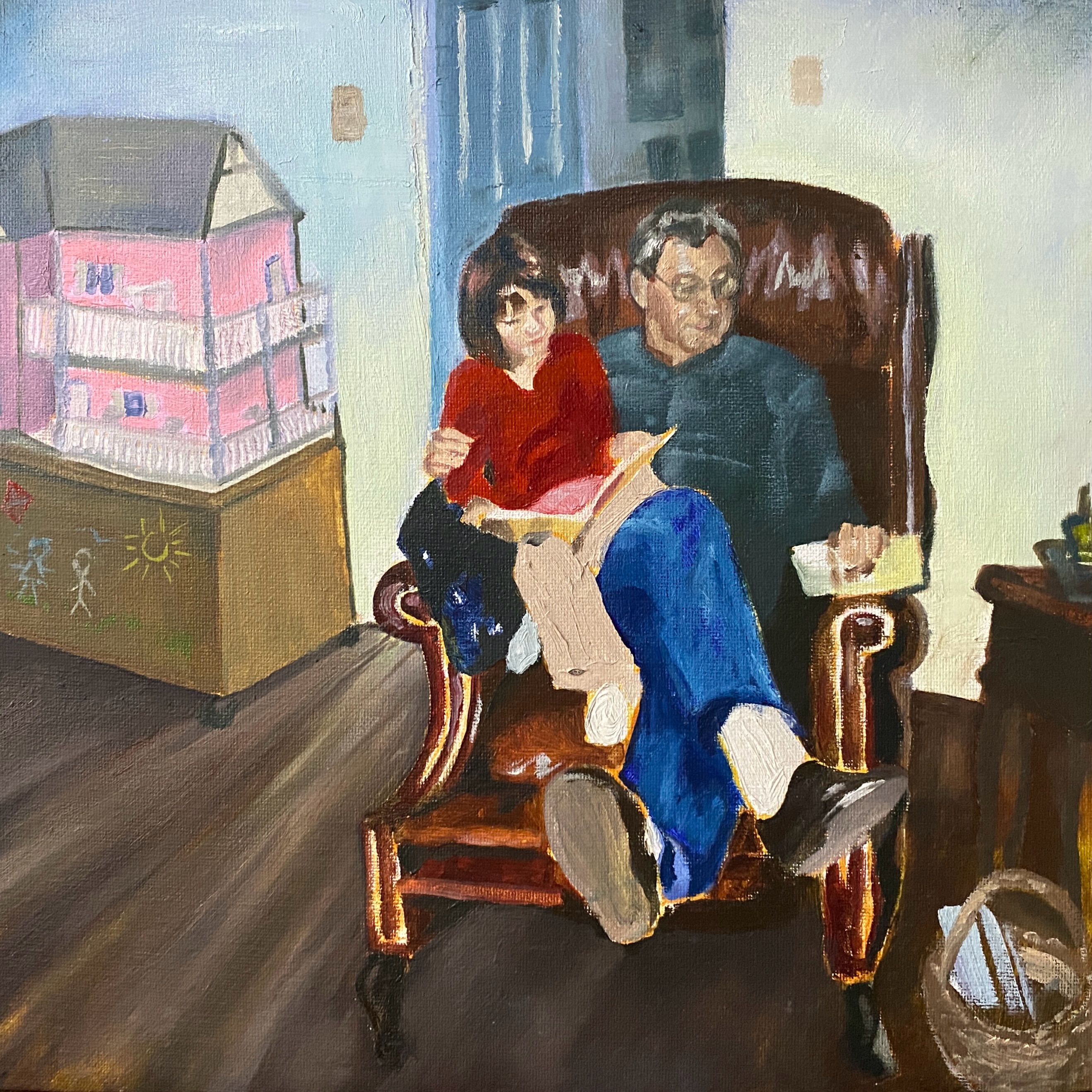 “Grandpa’s Lap” 30 x 30, oil on canvas board, framed.
.
Photos from @barnsofrosehill
.
Life has required me to shift focus, and this post is a bit of a promise to myself that it’s okay. Since my most recent show, I have taken hiatus from my paintings and shows to focus more on teaching. This month, I’m teaching a Summer Fine Art Academy for 16 enthusiastic middle school students, and I’m excited to document the process here. The academy will explore classic drawing, painting, and printmaking techniques surrounding the theme of making and exploring memories. Students will document their time at camp in a dedicated artist journal, and participate in a collective show on the afternoon of June 19th at Central High School in Woodstock.