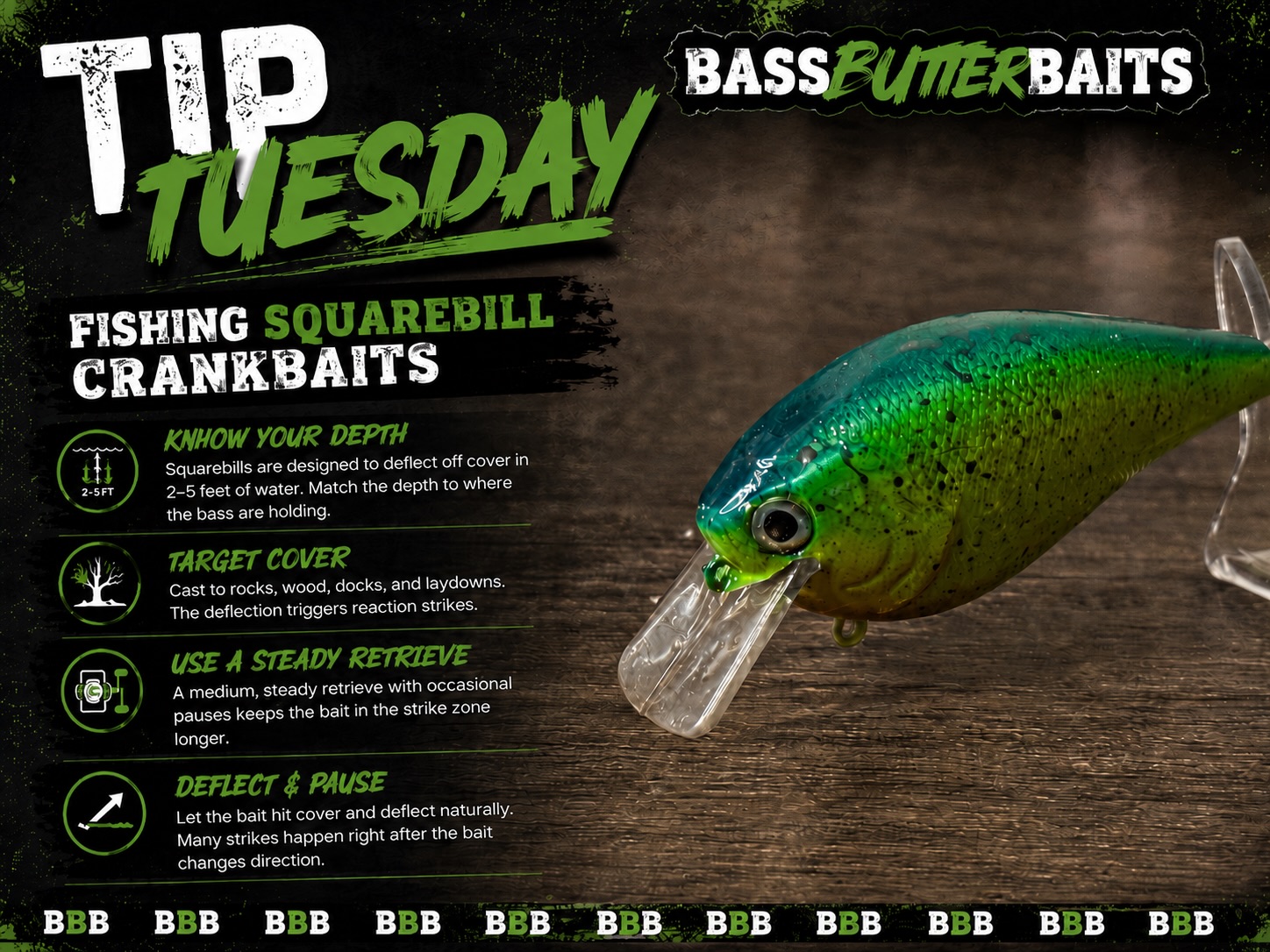 TIP TUESDAY 🎣
Squarebills shine when you make contact. Don’t just reel it through open water—bounce it off wood, rocks, grass edges, and shallow cover to trigger reaction bites. When that bait deflects, that’s usually when a bass commits.
Keep your rod tip low, vary your retrieve, and don’t be scared to bump into cover. That little pause after contact can be the difference between a follow and a strike.
Cast performance. Catch success.
#BassButterBaits #TipTuesday #SquarebillCrankbait #BassFishingTips #CrankbaitFishing BassFishing FishingLife FreshwaterFishing TackleTalk BaitTips CatchSuccess