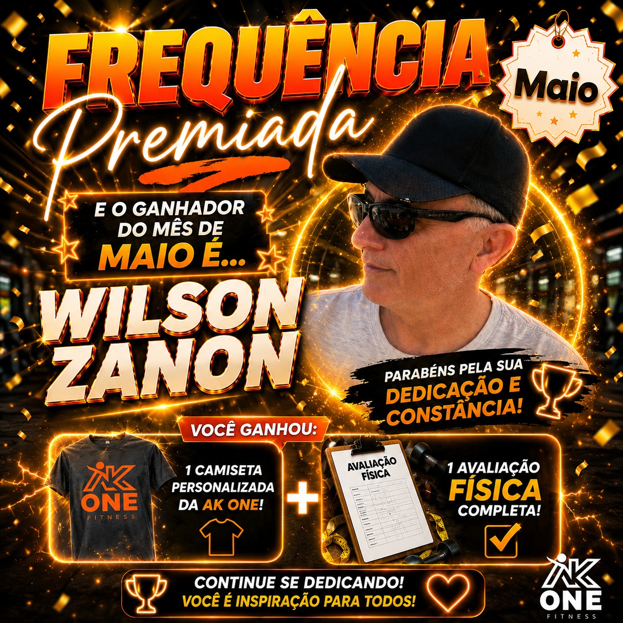 🏆🔥 O campeão da nossa Frequência Premiada de Maio já tem nome! 🔥🏆
Parabéns, Wilson Zanon, pela dedicação, constância e foco nos treinos durante todo o mês! 💪👏
Como prêmio, ele levou:
🎽 1 camiseta personalizada da AK One
📋 1 avaliação física completa
Seu esforço inspira toda a nossa equipe e alunos! 🚀
Continue firme, Wilson! O resultado é reflexo da sua disciplina. 👊🧡
#AKOneFitness #FrequênciaPremiada #ProjetoVerão #Academia #Treino #Foco #Disciplina #Constância #Fitness #VidaSaudável #WilsonZanon
