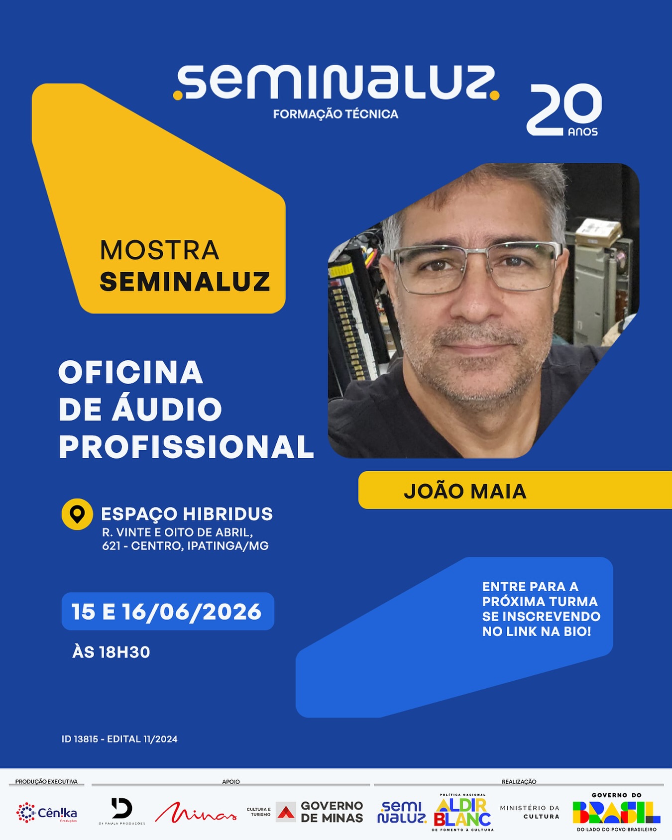 Som testado? 🎙️
As inscrições para a segunda atividade de formação da Mostra Seminaluz estão oficialmente ABERTAS!
Se você quer dominar as técnicas de som nos bastidores, entender sobre operação de equipamentos e se aprofundar na sonorização para espetáculos, o seu lugar é na Oficina de Áudio Profissional com o especialista João Maia (@joao_maia_sonora)
Inscreva-se no link da bio e anote os detalhes para não perder o “ponto”:
📆 Datas: 15 e 16 de junho de 2026 (Segunda e Terça-feira)
🕒 Horário: 18h30
📍 Local: Espaço Hibridus (Av. Vinte e Oito de Abril, 621 - Centro, Ipatinga - MG)
💰 Investimento: Gratuito
👉 Projeto realizado através da Política Nacional Aldir Blanc.
Produção executiva: Cênika Produções (@cenikaeventos)
Apoio: Di Paula Produções | Minas | Secretaria de Cultura e Turismo do Governo de Minas Gerais (@culturaeturismomg)
Realização: Seminaluz (@seminaluz) | Ministério da Cultura (@minc) | Governo do Brasil (govbr)