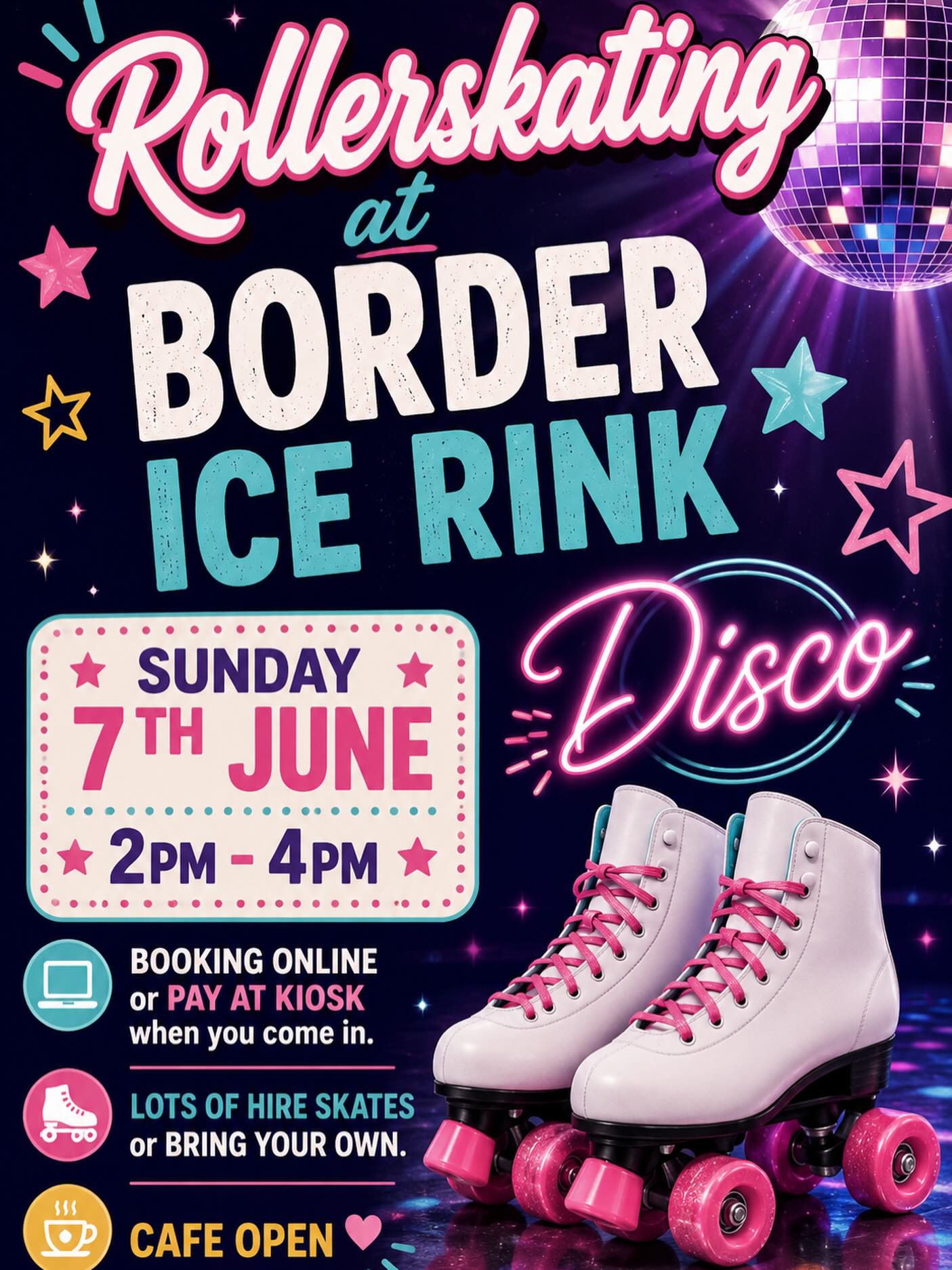 🛼✨ ROLLERSKATING DISCO ✨🛼
Join us at Border Ice Rink for an afternoon of skating, music and fun!
📅 Sunday 7th June
⏰ 2pm–4pm
🎶 Disco Session
✅ Book online or pay at the kiosk when you arrive
✅ Lots of hire skates available
✅ Bring your own skates if you prefer
☕ Café open throughout the session
Bring your friends and family and enjoy a fantastic afternoon on wheels!
#RollerSkating #DiscoSkate #BorderIceRink #FamilyFun #SkatingDisco WeekendFun
