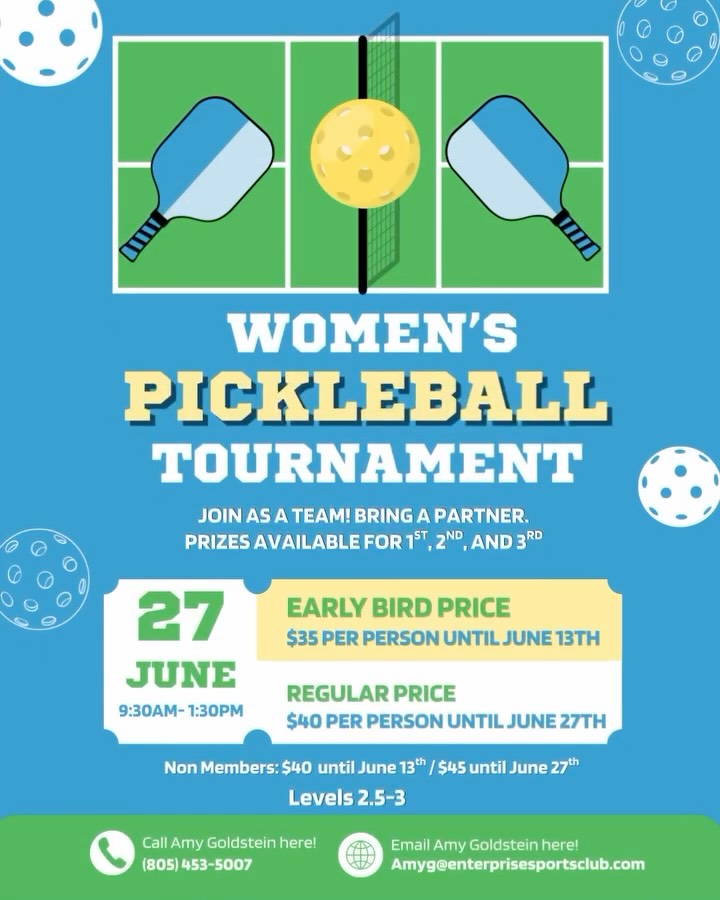Everything’s better with a teammate! Join us for our Women’s Pickleball Tournament for levels 2.5-3.🤩
The tournament will be held on June 27th 9:30am-1:30pm! Make sure to get in contact with Amy Goldstein.
📞(805)453-5007
🌐Amyg@enterprisesportsclub.com
*Individual prices vary between members and nonmembers*
.
.
.
#pickleball #pickleballtournament #pickleballislife #scottsvalley #santacruz