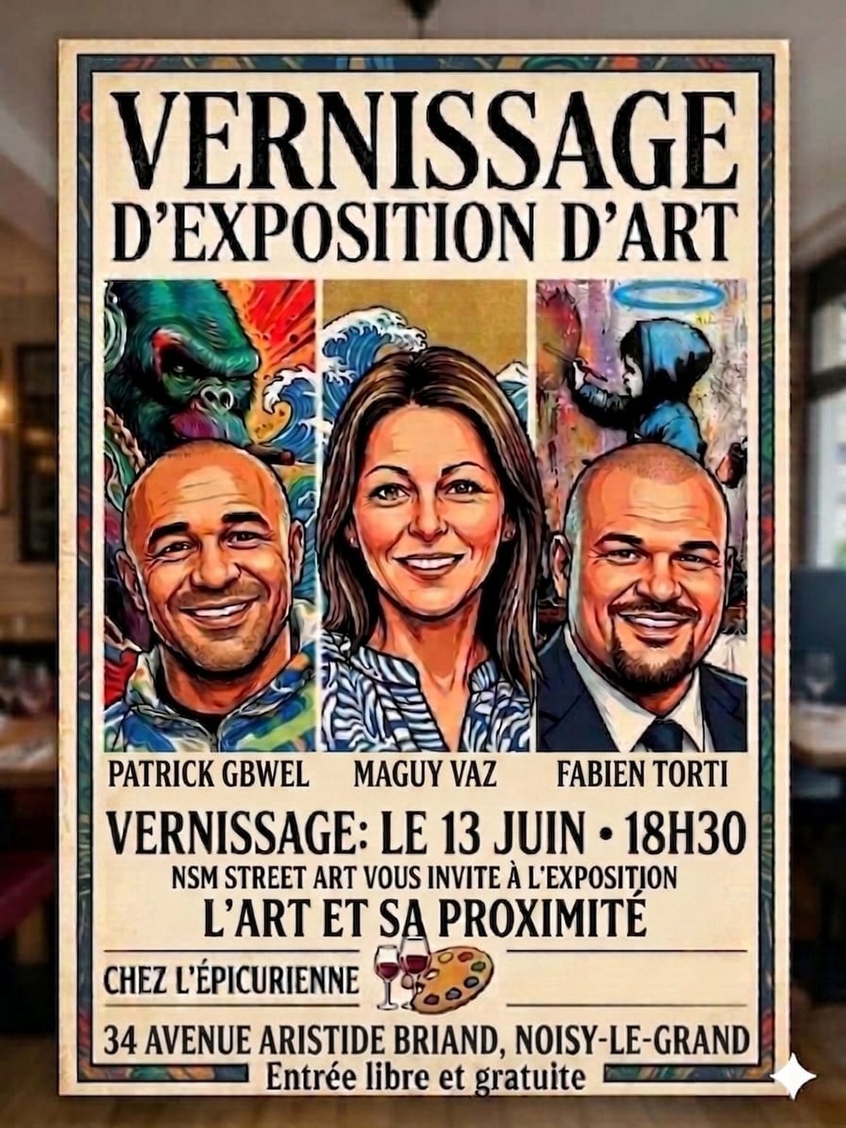 📣 𝗣𝗿𝗼𝗰𝗵𝗮𝗶𝗻𝗲 𝗲𝘅𝗽𝗼𝘀𝗶𝘁𝗶𝗼𝗻
🎨 L’épicurienne ~ Noisy-le-Grand
{13 et 14 juin 2026}
~~~~~~~~~~~~~~~~~~~~~
🖼️ Expo en trio organisée par NSM Street Art avec :
@fabientorti
@pat_dessins_realistes_etc @50nuancesdemarguerite
👉 Vernissage le samedi 13 juin à @lepicuriennedenoisy 📍 Venez nombreux !
•
•
•
#exposition #noisylegrand #lepicurienne #50nuancesdemarguerite #maguyvaz