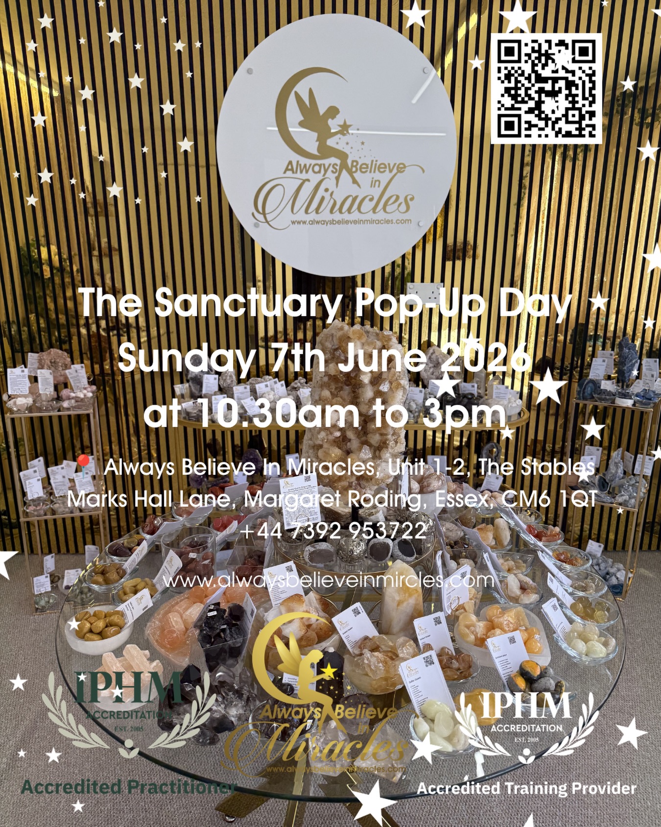 Pop-Up at Always Believe in Miracles ✨
Sunday 7th June | 10.30am – 3.00pm
You are warmly invited to join us at the Always Believe in Miracles Crystal Sanctuary & Studio in Margaret Roding for a relaxed and inspiring Day.
This is a wonderful opportunity to explore the studio, meet our resident practitioners, browse the crystals and discover some of the many ways we can support your wellbeing, energy and personal growth.
12.30pm – Crystals for Anxiety
Following the wonderful response to Natasha’s recent talk on the Midlife Wisdom Stage at the Mind Body Spirit Festival, Natasha will be sharing this presentation.
A 30 minute crystal chat will explore anxiety, the crystals that can help support the body during times of stress, overwhelm and anxious thinking, and where to place them within the body field and chakra system for maximum benefit. Bring your Crystal questions and let’s get a discussion happening.
Whether you are completely new to crystals or already work with them, this is a wonderful opportunity to learn practical techniques that you can take away and use in everyday life.
I am also delighted to introduce Sarah @feeneytherapy who will be joining Always Believe in Miracles as one of our resident therapists. Sarah will be sharing information about her therapies, wellbeing tools and the wonderful work she offers from our therapy room.
Joining us too will be the lovely Vic @_meetmeunderthemoon who will be talking about her beautiful candle collection, the inspiration behind her business and how she creates her products with intention and care.
Whether you’re curious about crystals, looking for support on your healing journey, interested in meeting our practitioners or simply want to enjoy a friendly and welcoming atmosphere, we’d love to see you.
Pop in, say hello, enjoy a chat, browse the crystals and discover everything happening at Always Believe in Miracles.
No booking required – just come along.
We can’t wait to welcome you 💜
Much love
Natasha ✨
Founder Always Believe In Miracles
Address: Always Believe In Miracles Studio, (The Reid Rooms), Marks Hall Lane, Margaret Roding, Essex CM6 1QT
#popupshop #crystals #wellbeingjourney