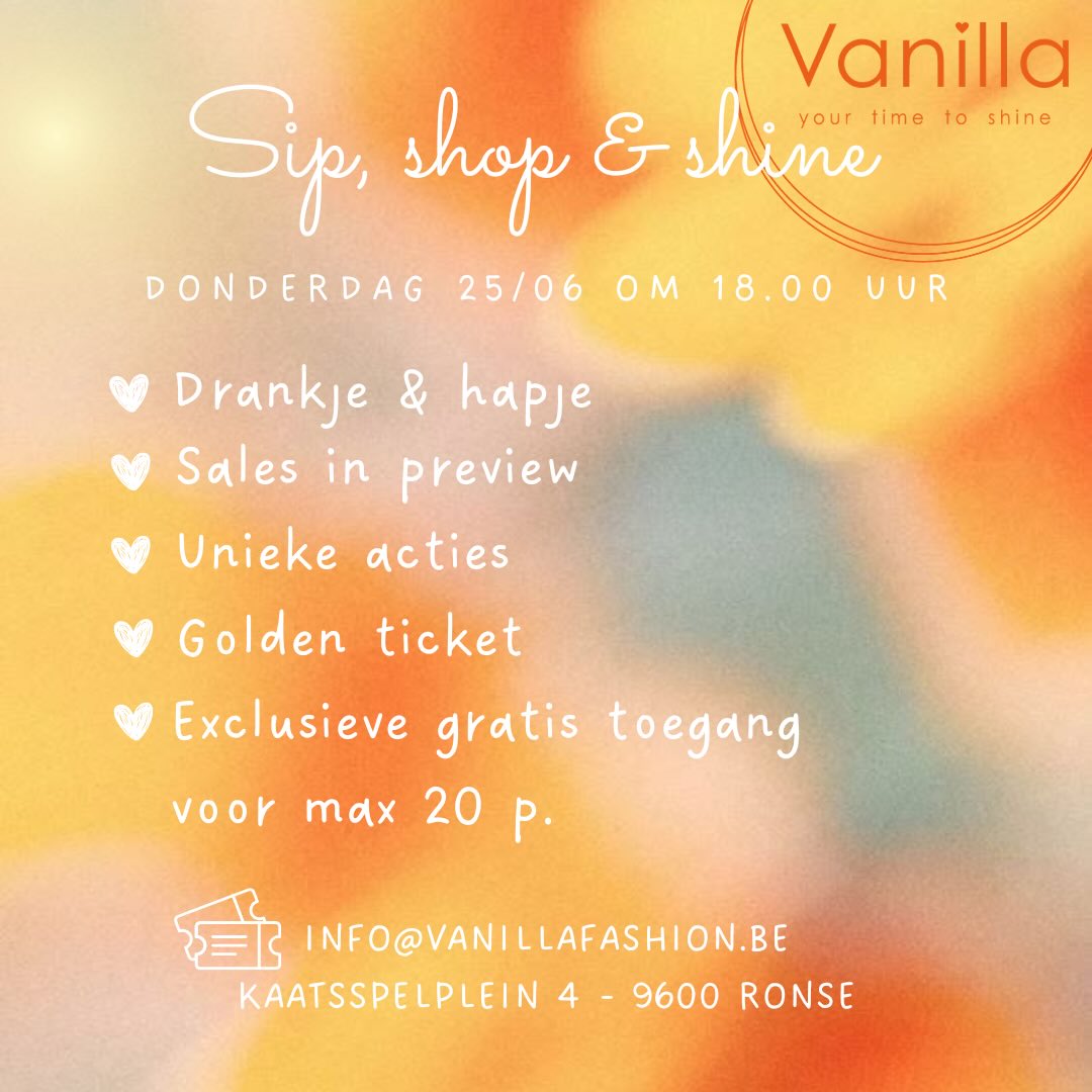 LADIES, THIS ONE IS FOR YOU! ✨
Op donderdag 25/06 openen we uitzonderlijk de deuren voor een exclusieve Sip, Shop & Shine avond bij Vanilla.
Geniet van een gezellig drankje en hapje terwijl je als één van de eerste onze sales preview ontdekt. Daarnaast hebben we enkele leuke verrassingen voorzien, waaronder unieke acties én een spannende Golden Ticket-actie.
💞 exclusieve toegang
💞 sales in preview
💞 leuke extra’s en verrassingen
💞 gezellige sfeer in beperkte kring
📣 Er zijn slechts 20 plaatsen beschikbaar, dus snel inschrijven is de boodschap!
🗓️ donderdag 25 juni 2026
🕕 18.00 uur
📍 Vanilla - Kaatsspelplein 4, Ronse
Reserveer jouw plaats via:
📩 info@vanillafashion.be
Tag gerust je shopping buddy hieronder 🥰✨🥂
#sipshopandshine #vanillafashion #ladiesnight #ronse #shoppingevent
