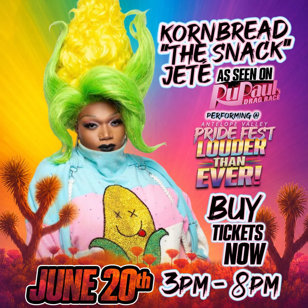 ๐โจ HEADLINER ANNOUNCEMENT! โจ๐
We are beyond excited to announce that @kornbreadthesnack Kornbread โThe Snackโ Jetรฉ โ fan favorite and breakout star from RuPaulโs Drag Race Season 14 โ will be taking the stage at the 2026 Antelope Valley Pride Festival! ๐๐
Known for her larger-than-life personality, unforgettable performances, and powerful message of self-love and authenticity, Kornbread has become one of the most celebrated entertainers in drag today. A Los Angeles native, actress, singer, comedian, and activist, she uses her platform to uplift LGBTQ+ communities while serving charisma, uniqueness, and talent wherever she goes. ๐๐ฝ
Join us on Saturday, June 20th from 3PMโ8PM for an unforgettable celebration of Pride featuring:
๐ถ Live Music & DJs
๐ Drag Performances
๐๏ธ Vendors & Community Resources
๐ Food & Drinks
๐ณ๏ธโ๐ Family-Friendly Fun
And thatโs not all! Check out our Official AV Pride Fest Flyer to see the incredible lineup, entertainment, sponsors, and details about our Official After Party! ๐
๐๏ธ Get your tickets now and be part of our biggest Pride celebration yet!
#AVPride #AVPrideFest #LouderThanEver #KornbreadTheSnackJete #RuPaulsDragRace DragRace DragQueen PrideFestival AntelopeValley LancasterCA TheOUTreachCenter LoveIsLove Pride2026 QueerJoy LGBTQCommunity ๐๐