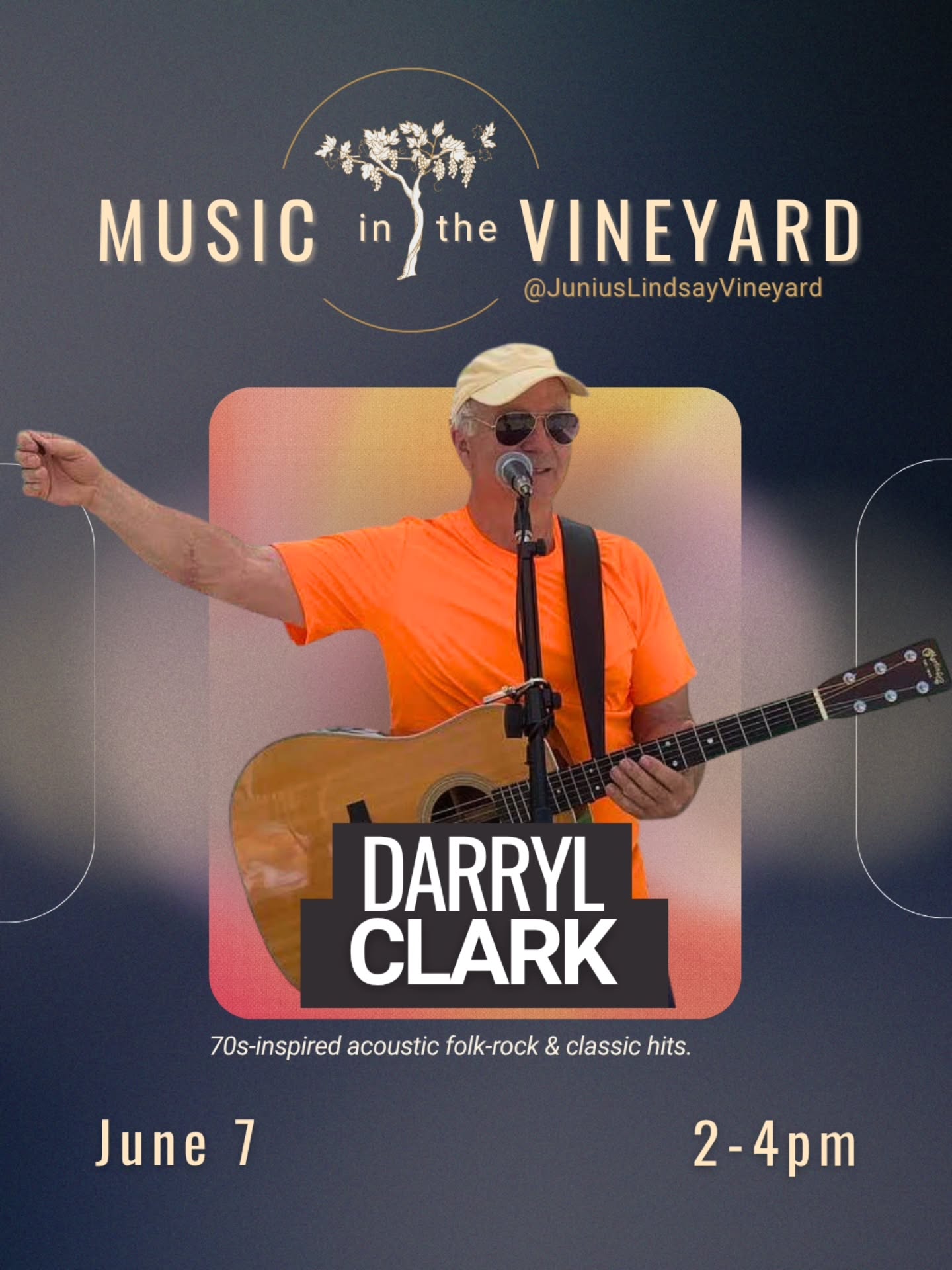 We've got your Sunday Funday covered! Join us for Music in the Vineyard featuring Darryl Clark this Sunday, June 7. He'll be providing acoustic songs and relaxing vibes from 2-4pm.
Picnics and snacks are encouraged. Families and pets welcome. ☀️💕
