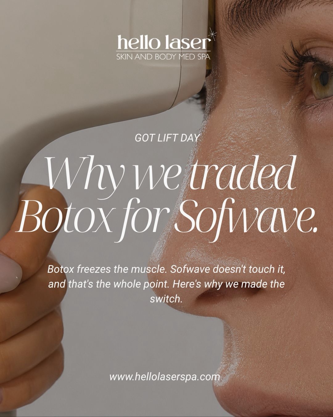 GOT LIFT. No freeze required.✨🙌
We said what we said: we traded Botox for Sofwave, and we’re not looking back. Here’s why we (and our clients) are obsessed.
Sofwave uses focused ultrasound to build your own collagen, so your skin tightens and lifts itself from the inside out. No needles, no downtime, and nothing frozen. You still get to smile, laugh, and look like you, just a little more lifted and rested every week.
Our clients keep telling us the same thing: their skin looks firmer, they feel like themselves, and no one can quite tell what they did. That’s the Sofwave effect.🌊
Ready to see it for yourself?
Book your Sofwave consult this month and we’ll take care of you. Link in bio or visit www.hellolaserspa.com.
Available at our Scottsdale location.
#Gotlift #GotLiftDay2026 #Sofwave