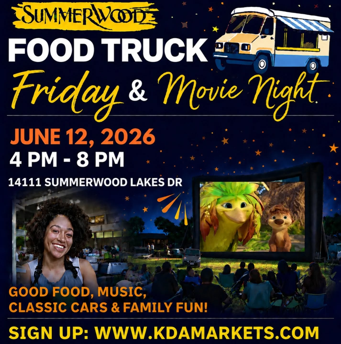 Join us for an evening of food, fun, and community at 🍔🎬 Summerwood Food Truck Friday & Movie Night!🎬🍔
✨ Delicious food
🎶 Music and great community vibes
🎬 Featuring Swapped on the big
screen
🚗 Classic cars on display
👨👩👧👦 Family-friendly fun for all ages
Bring your lawn chairs, blankets, family, and friends for a relaxing evening under the stars. Whether you're coming for dinner, the movie, or simply to enjoy time with the community, there's something for everyone.
📅 Friday, June 12, 2026
⏰ 4 PM – 8 PM
📍 14111 Summerwood Lakes Dr.
🎟 FREE ADMISSION
Come hungry, stay for the movie, and enjoy a memorable evening with family, friends, and the community!
Who are you bringing to movie night? Tag them below! 🍿✨
#SummerwoodTX #lakehoustonevents #FoodTruckFridayHTX #thingstodoinatascocita #KDAMarkets