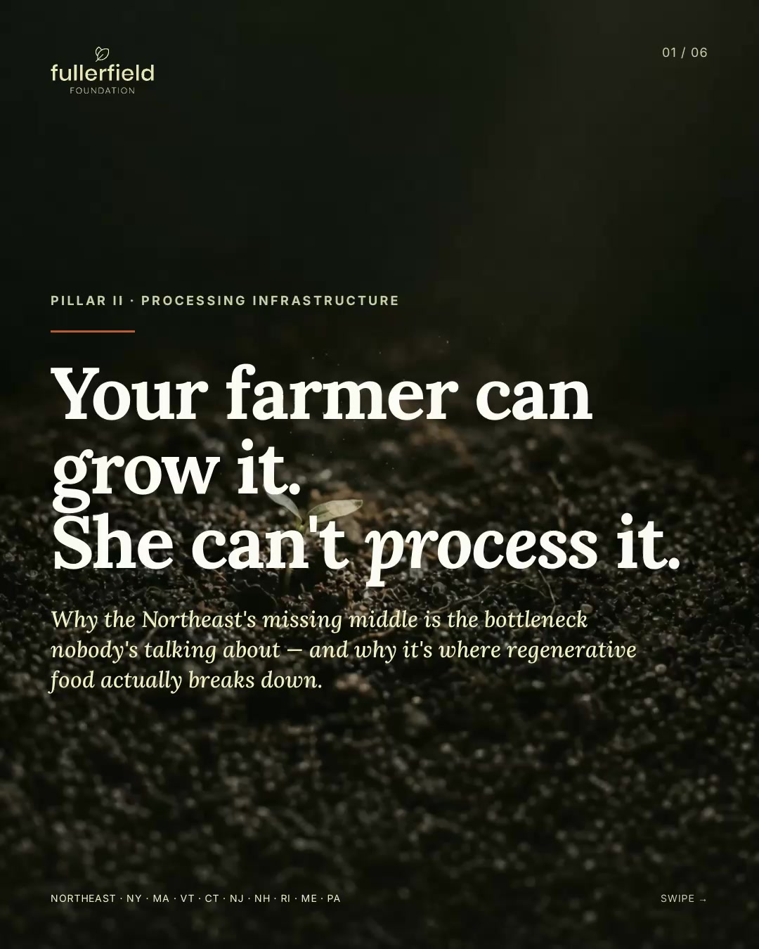 A farmer in the Hudson Valley can raise 200 lambs. Selling them is the hard part — the nearest USDA processor is four hours away, and the slots are gone by January.
This is the missing middle: thirty years of consolidation pulled regional processing out of the Northeast. Meat lockers closed. Creameries got sold off. Grain mills disappeared. Farmers grow real food, then watch their margins evaporate at the loading dock.
Pillar II funds the infrastructure that lets a regional food economy actually function — meat lockers, flour mills, creameries, and co-pack kitchens that turn what's grown here into what gets eaten here.
The moment matters. At least 15 new or expanded dairy processing facilities open across the Northeast this year. New York's Resilient Food Systems Infrastructure dollars are moving. USDA's new $700M Regenerative Pilot funds practice change at the farm gate — but not the infrastructure that makes it pay off.
That's the gap we exist to close.
→ Know a regional processor scaling up? We want to meet them. fullerfield.org/contact
#RegenerativeAgriculture #NortheastFarming #FoodSystems #MissingMiddle #SmallFarms #LocalFood #SustainableAgriculture #FoodInfrastructure #FarmingFuture #RegenAg #NYFarms #VermontFarms #FoodPolicy #ImpactInvesting #PRI