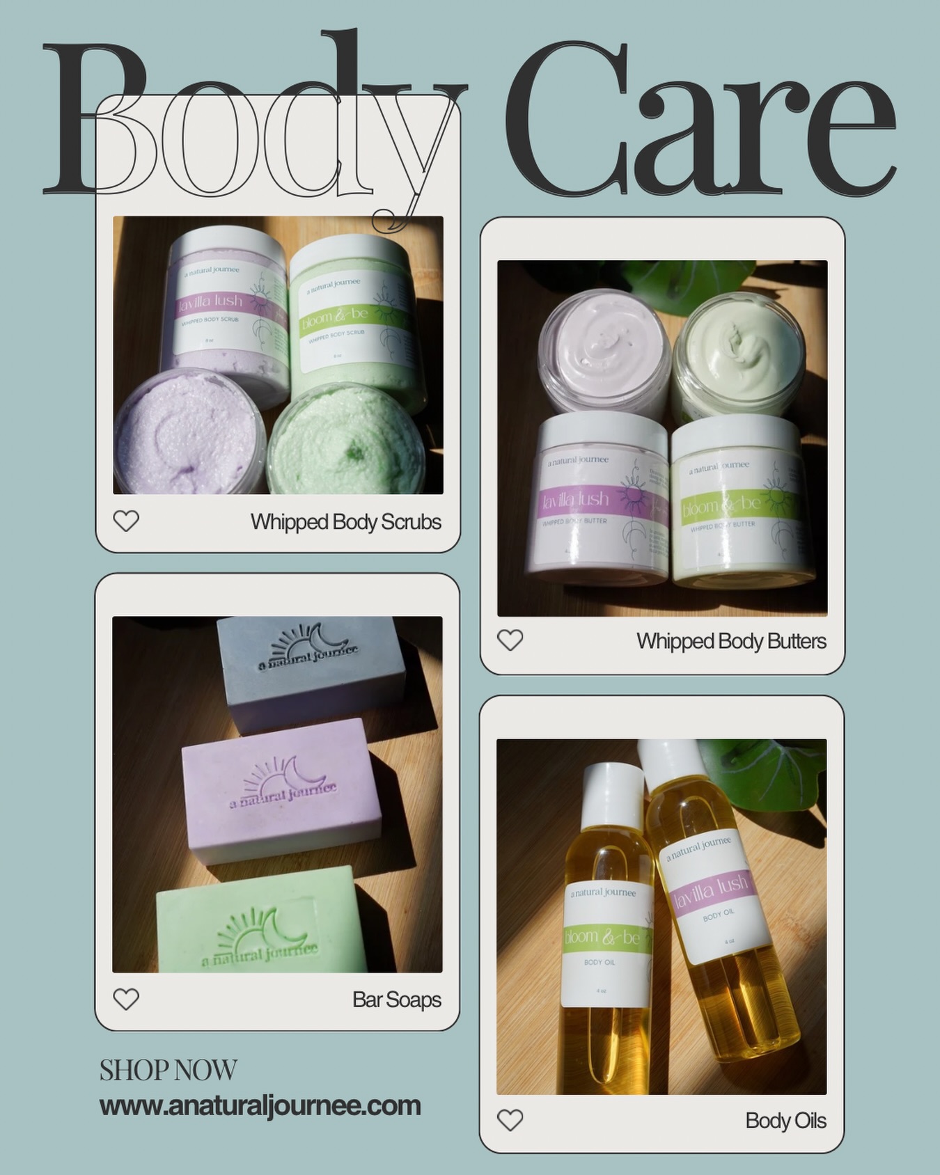 for that beautiful body 🕺 🫧
scrubs, body butters, soaps, body oils and more 💜
healthy, glowing skin is just a click away 🤭
anaturaljournee.com