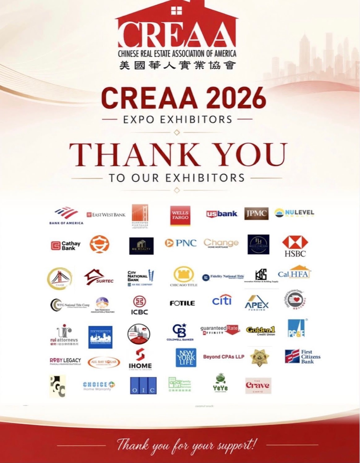 🎉 Over 40+ Exhibitors Supporting CREAA Bay Area Real Estate Expo 2026 — Meet Them In Person!
A heartfelt thank you to all of our exhibitors and sponsors for helping make the CREAA Expo 2026 possible. We are proud to bring together leading professionals from real estate, lending, banking, insurance, legal services, tax planning, home services, and more—all under one roof for a day of learning, networking, and community connection.
Whether you’re a homeowner, investor, business owner, or simply looking for valuable resources and professional guidance, this is an event you won’t want to miss!
📅 June 6, 2026
⏰ 11:00 AM – 3:00 PM
📍 Cathedral of Saint Mary of the Assumption
1111 Gough St, San Francisco, CA 94109
✅ Free Admission
✅ Educational Workshops
✅ Networking Opportunities
✅ Resources for Homeowners, Investors & Business Owners
Bring your family and friends—we look forward to seeing you there!
#CREAA #CREAAExpo2026 #BayAreaEvents #SanFranciscoEvents #RealEstate Homeownership MortgageLending BusinessNetworking CommunityEvent ChineseAmericanCommunity
⸻
中文
🎉 超過40家參展商鼎力支持 CREAA 2026 地產博覽會,歡迎親臨現場交流!
衷心感謝所有參展商及贊助商對 CREAA 2026 Expo 的支持與參與。我們非常榮幸能夠匯聚來自房地產、貸款、銀行、保險、法律、稅務規劃、家居服務等領域的專業人士,共同打造這場集教育、交流與社區連結於一身的盛會。
無論您是屋主、投資者、企業主,還是希望獲得專業資訊與資源的朋友,都歡迎到場與業界專家面對面交流!
📅 2026年6月6日(星期六)
⏰ 上午11:00 – 下午3:00
📍 Cathedral of Saint Mary of the Assumption
1111 Gough St, San Francisco, CA 94109
✅ 免費入場
✅ 專題講座與教育工作坊
✅ 人脈交流機會
✅ 屋主、投資者及企業主實用資源
歡迎攜同家人朋友一同參加,我們期待與您相見!
CREAA CREAAExpo2026 灣區活動 舊金山活動 房地產 置業資訊 貸款理財 商務交流 社區活動 華人社區