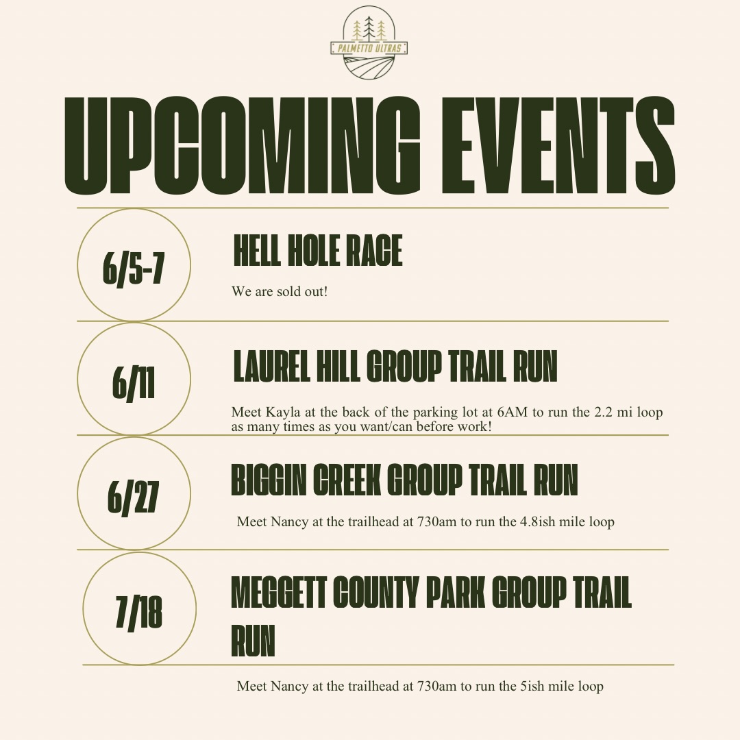 Upcoming events! Mark your calendars!
#charlestonrunning #lowcountrytrailrunners #palmettoultras