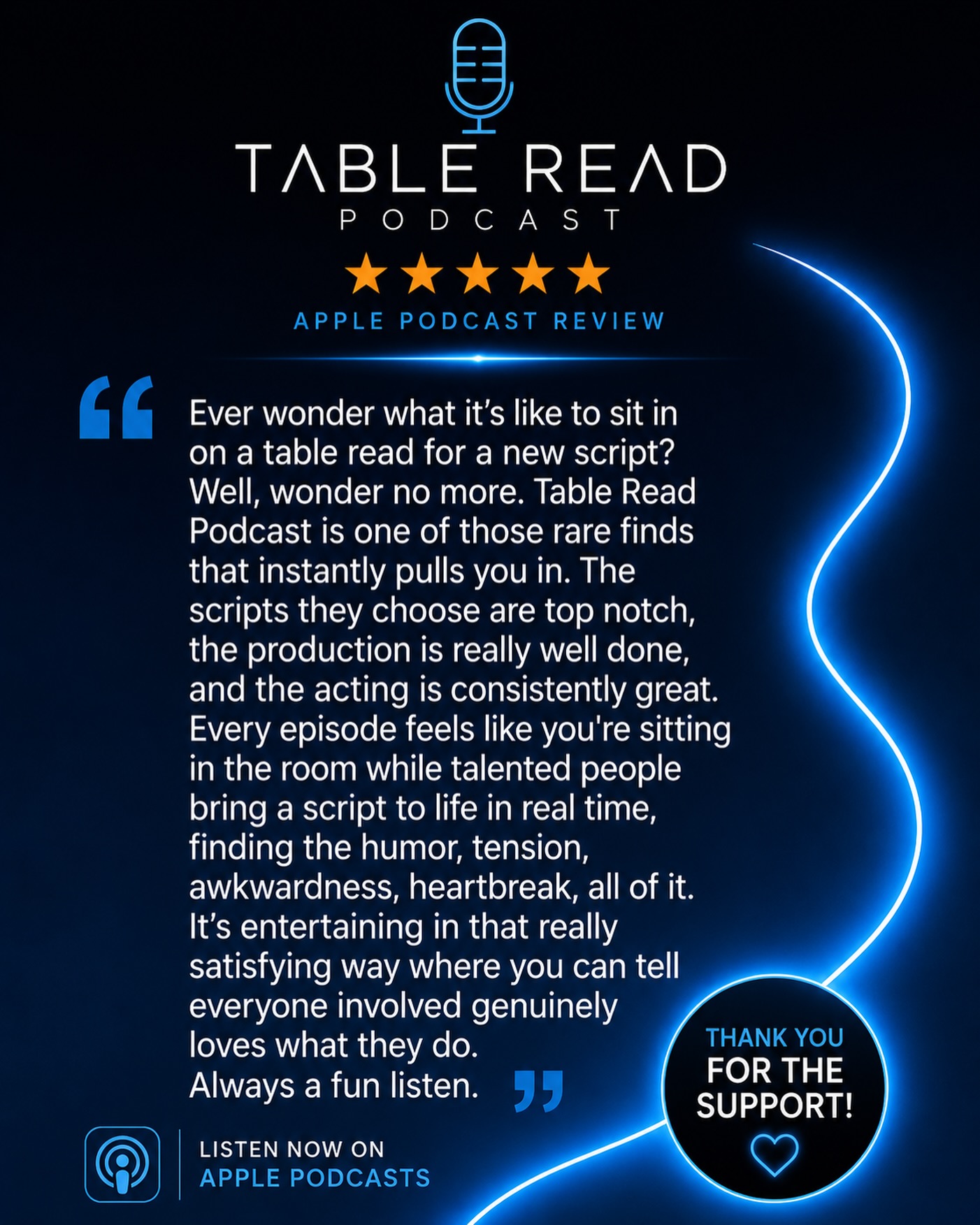 “You can tell everyone involved genuinely loves what they do.”
Hear #TableReadPodcast for yourself on Apple Podcasts, Spotify, iHeart , or wherever you get your podcasts!
#honestreviews #podcastreviews #fromourfans