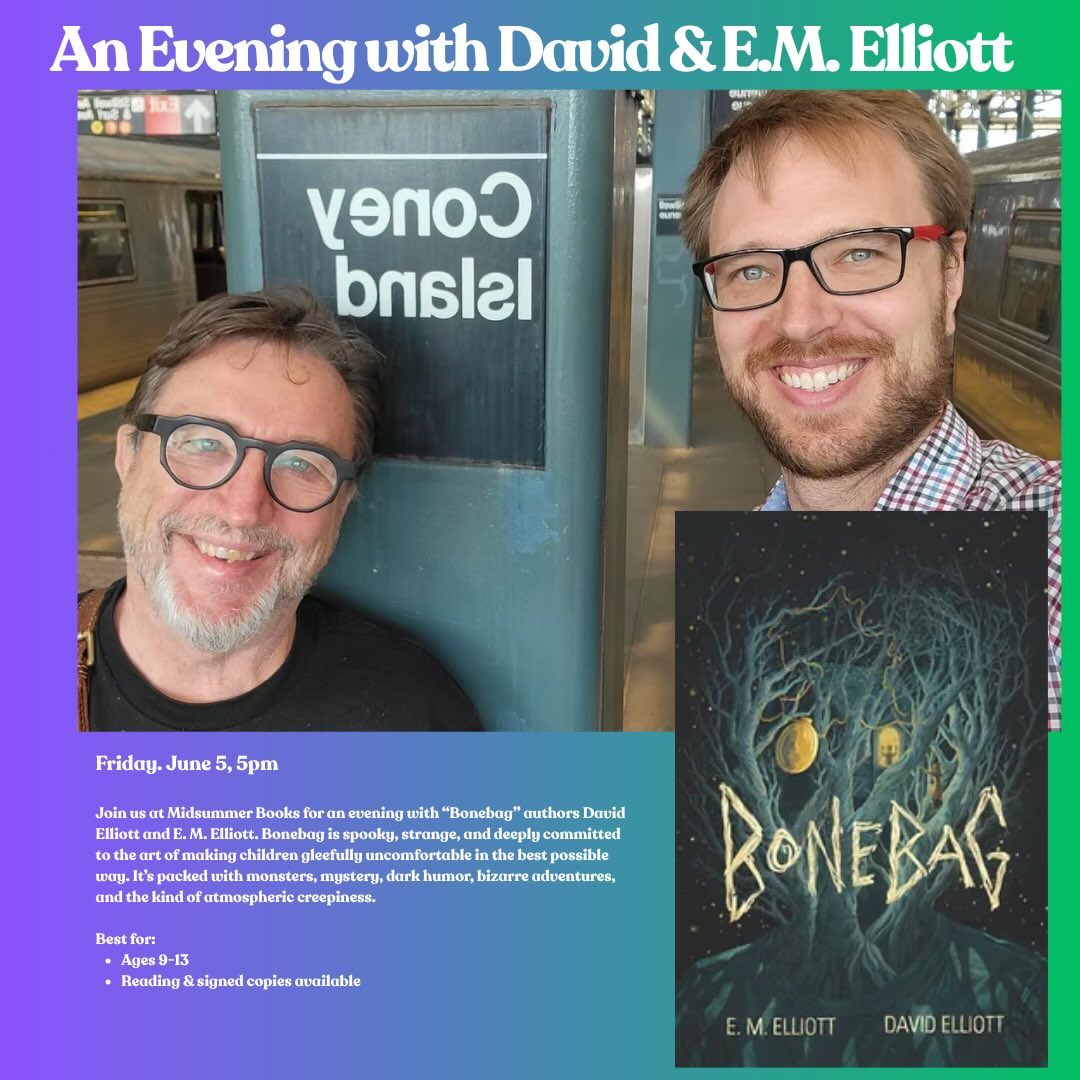 This Friday we are so excited to host EM and David Elliott, father/son co-authors of Bonebag. I have so many questions about the writing process for these two… and this event is definitely one of both for the kids and the adults because this book is so incredibly unique and curious and fun and a little creepy but mostly it has so much heart. I hope you can join us at 5 PM on Friday!