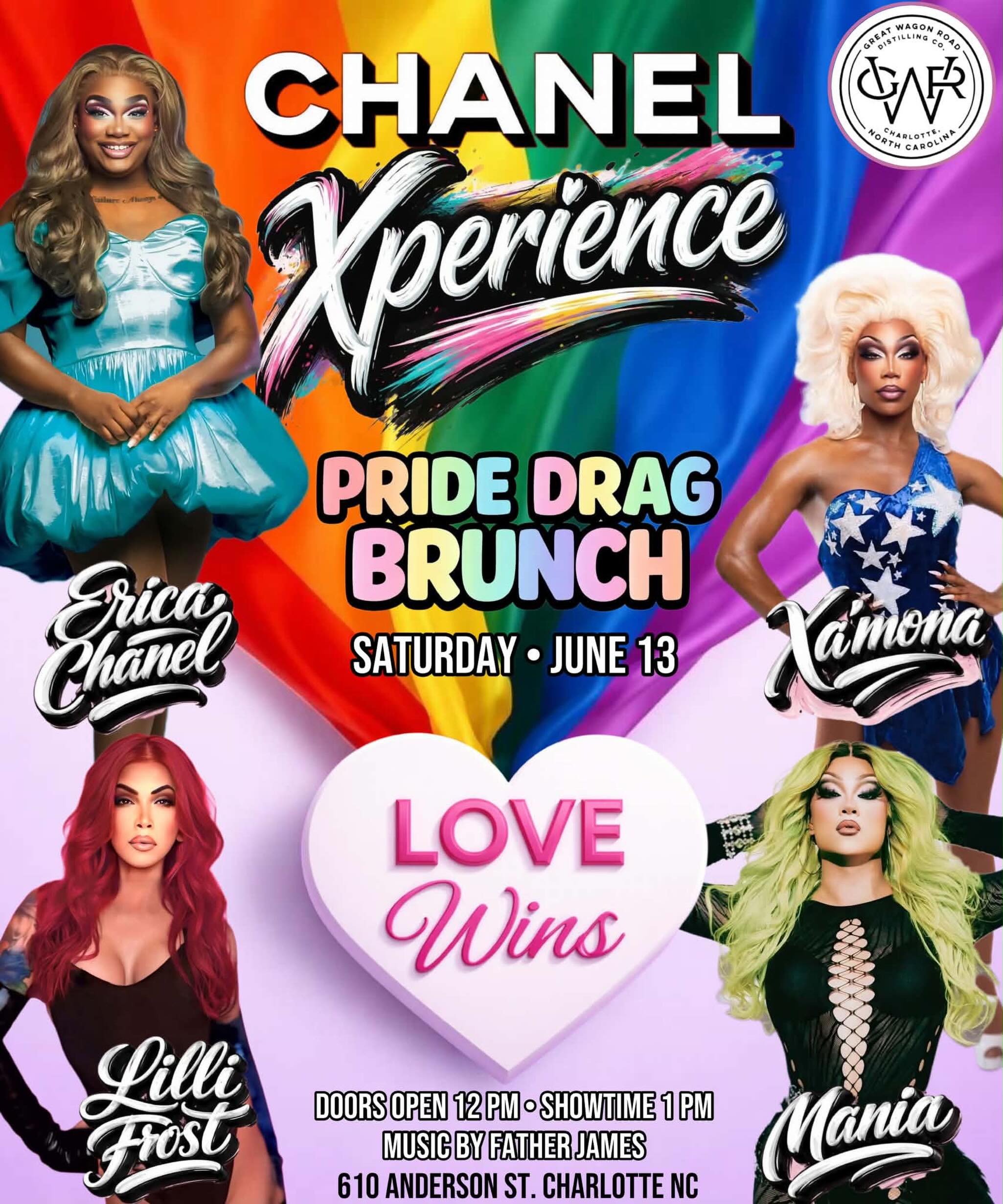 🌈💅🏽 CALL THE GROUP CHAT. CANCEL YOUR BORING BRUNCH PLANS. 💅🏽🌈
The queens are coming, the cocktails are flowing, and the rainbow is taking over NoDa. ✨🏳️🌈
Join us for the CHANEL Xperience Pride Drag Brunch at Great Wagon Road Distillery and celebrate Pride the way it was meant to be celebrated: loud, fabulous, unapologetic, and surrounded by people who know how to have a good time. 👑🍾
Expect:
✨ Death drops & high kicks
✨ Fierce performances
✨ Strong cocktails
✨ Brunch pizza
Featuring the iconic Erica Chanel @theericachanel, Jamona, Lilli Frost, and Mania, serving looks, laughs, and enough charisma to power the entire city of Charlotte.
Whether you’re gay, straight, bi, trans, questioning, an ally, or just here for the mimosas, there’s a seat at our table. 🌈❤️
📍 Great Wagon Road Distillery NoDa
🕛 Doors: 12 PM | Showtime: 1 PM
Come thirsty. Come hungry. Link in Bio ⬆️
🏳️🌈 LOVE WINS. DRAG WINS 🏳️🌈
#PrideBrunch #DragBrunch #LoveWins #NoDaPride #nodaclt