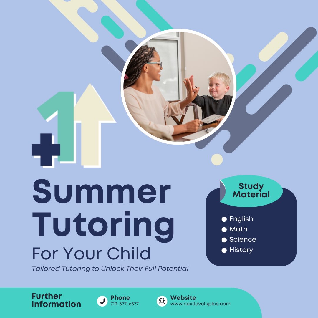 Summer Tutoring = A Stronger Start Next School Year!
Summer is the perfect time to keep learning without the pressure of homework, tests, and busy school schedules.
🌟 Benefits of Summer Tutoring:
✔️ Prevents summer learning loss
✔️ Builds confidence before the new school year
✔️ Strengthens reading and math skills
✔️ Provides personalized support
✔️ Helps students stay engaged and motivated
✔️ Creates a smoother transition into the next grade
Just a little learning throughout the summer can make a big difference when school starts again!
Give your child the opportunity to grow, gain confidence, and start the next school year feeling prepared.
📲 Contact us at 719-377-6577 or www.nextleveluplcc.com
#SummerTutoring #NextLevelUp #SummerLearning #StudentSuccess #BackToSchoolReady AcademicGrowth ConfidenceBuilding KeepLearning