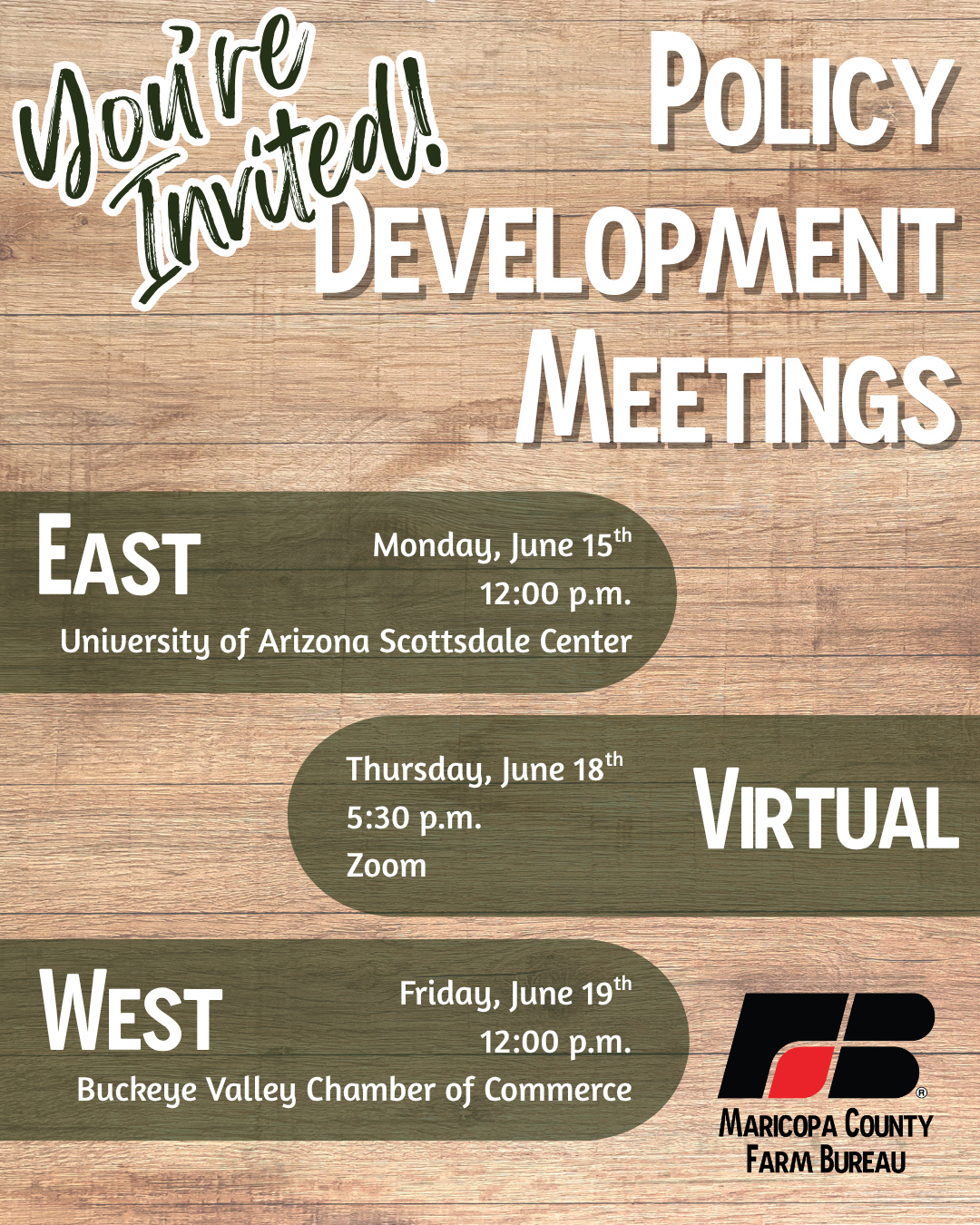 Effecting change begins with you.
We invite you to join us for our 2026 policy development meetings. Here you can bring forth your priority issues to better the future of Arizona agriculture.
Does it actually work? You be the judge; last year issues brought forth by Maricopa County members resulted in 4 new policies ratified into the Arizona Farm Bureau policy book. These policies now stand as the guide for advocacy on your behalf.
From Urban Agriculture Property Tax Classification to Hydropower as Renewable Energy, Maricopa County members are impacting change for Arizona's agriculture future.
With three options available we look forward to seeing you there! RSVP at the 🔗 in bio!
#mcfb #grassroots #agvocacy