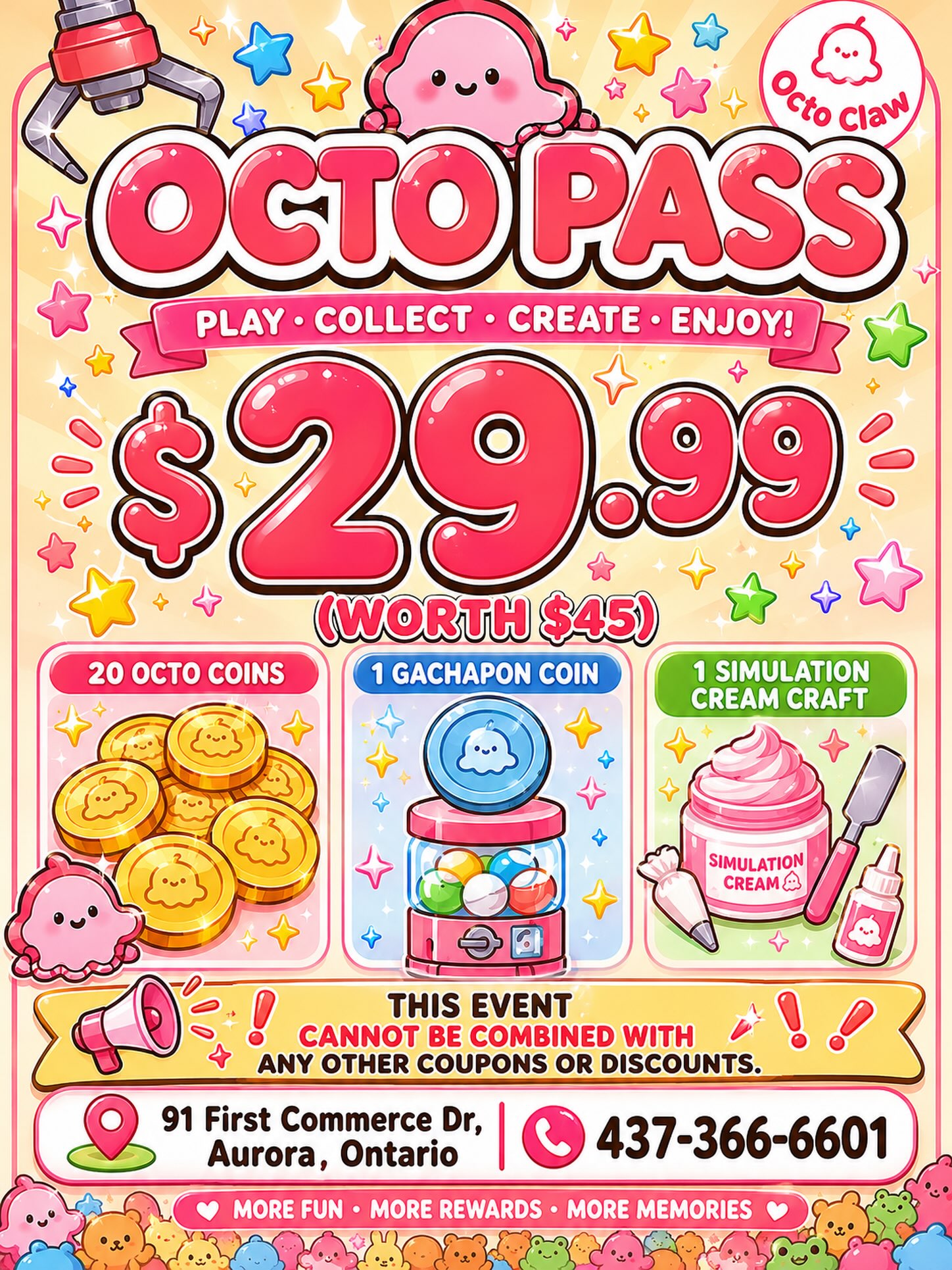 ๐ First time at OctoClaw and not sure what to try?
โจ Choose the OCTO PASS! โจ
For only $29.99, youโll get:
๐ช Game Tokens
๐ One Large Gachapon
๐จ One Cream Glue DIY Craft
Everything you need for a fun-filled visit in one package!
Whether youโre here to win plushies, try your luck, or get creative, the OCTO PASS is the perfect way to experience it all. ๐
๐ Visit OctoClaw today and make your first trip unforgettable!
#OctoClaw #AuroraOntario #ClawMachine #Gachapon #DIYCrafts FamilyFun KidsActivities ArcadeFun WeekendFun FirstTimeVisitor