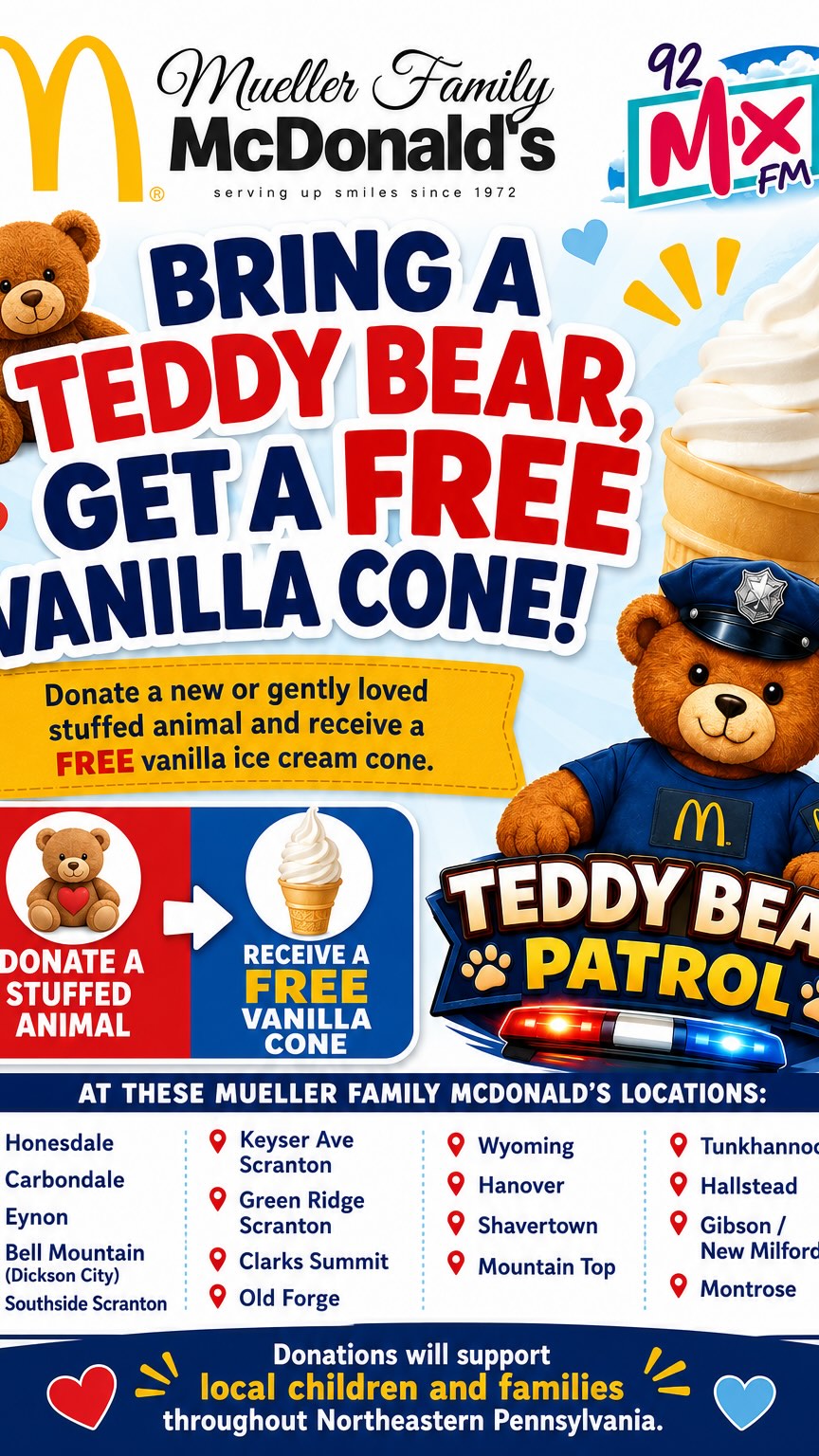 Bring a teddy, receive a FREE ice cream cone!
@92mixfm
#mcdonalds #scranton #grimace