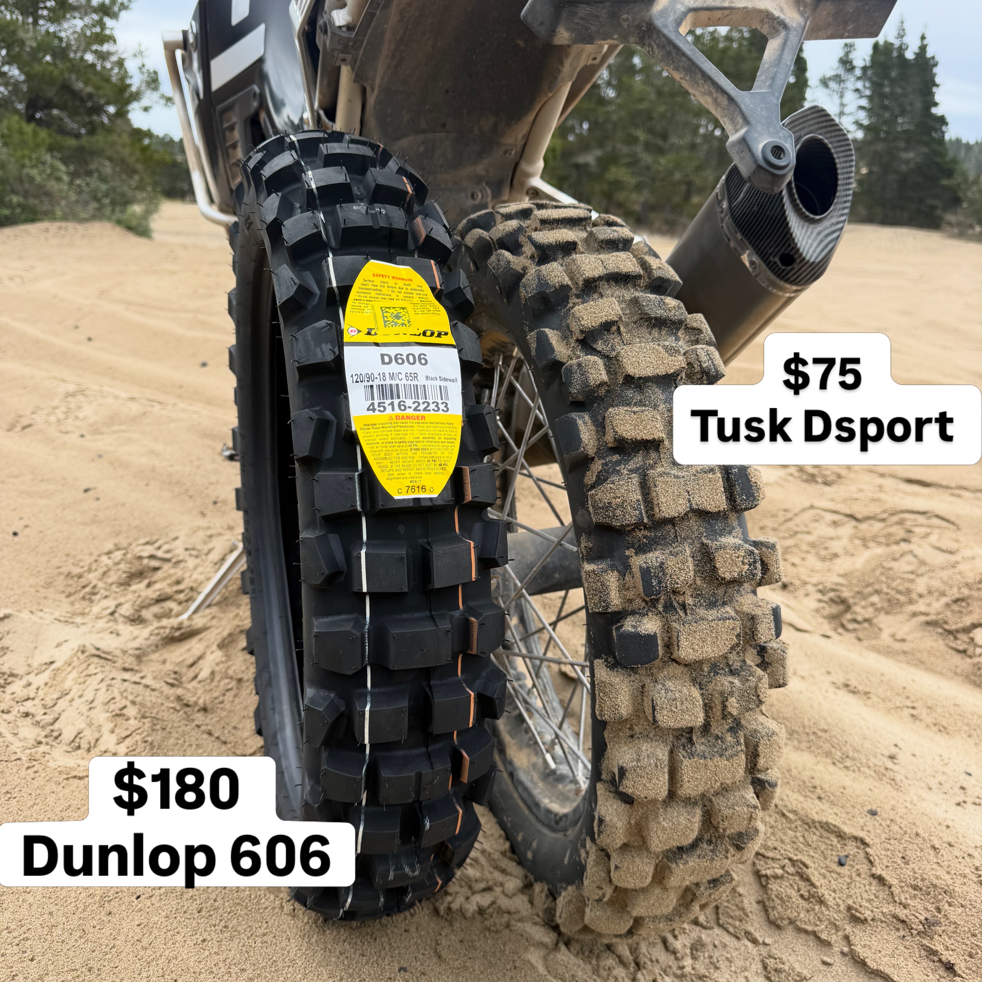 I hear the Dunlop 606 is a legendary tire. But I can't say the tusk dsport is my favorite until I've atleast tried the $180 legend.
For 90% Offroad,
I have found the tusk dsport to be very hard to beat for aggressive Offroad parallel twin bikes.
It holds up great to abuse, stiffer carcass helps the heavy bikes when running nitro mousses, works well enough on an asphalt transfer sections and I can confidently ride with the little bikes
From what I understand the d606 was the original granddaddy of this high speed, high abuse aggressive DOT approved tire !
The 606 goes on my kove 800 rally next!