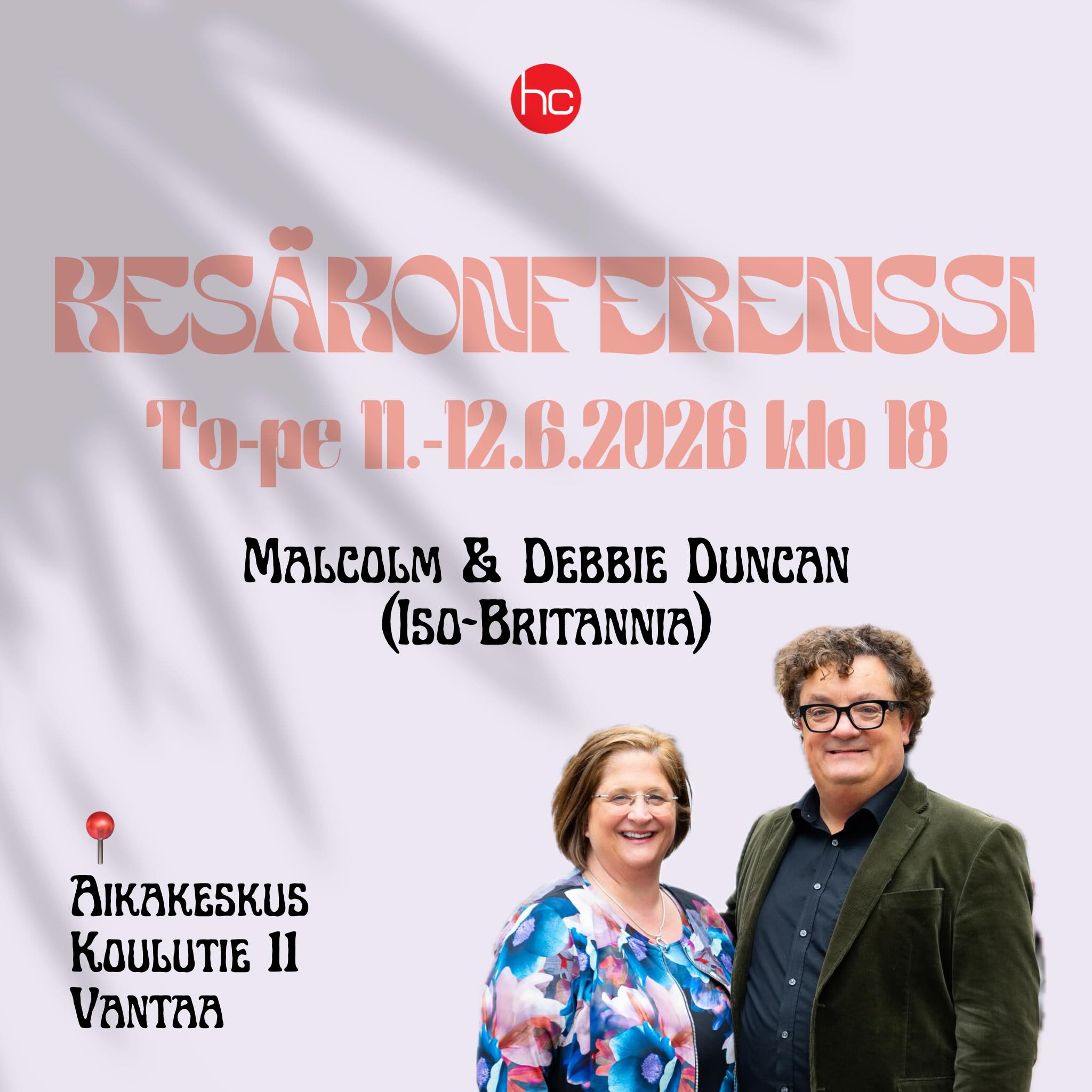 Kesäkonferenssi lähestyy 11.-12.6.2026!
Kaksi iltaa käsittävän tapahtuman teemana on ’Jumalan valtakunta’. Vierailevat puhujat ovat Malcolm ja Debbie Duncan Iso-Britanniasta. Malcolm Duncan on Lontoon Kensington Temple -seurakunnan johtava pastori ja kirjailija. Debbie puolestaan on hoitotieteen professori ja myös kirjailija.
Tervetuloa mukaan kohtaamaan elävää Jumalaa ❤️🔥