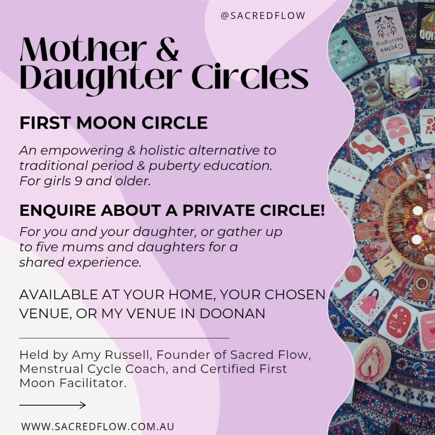 ✨Private First Moon Circles ✨
For ages 9 +
There’s a moment in a young girl’s life when everything begins to shift.
Her body starts speaking a new language. Emotions feel bigger. Questions begin to rise.
For many families, this transition arrives with very little guidance, few meaningful conversations and no real ceremony to honour the significance of it all.
First Moon Circles are created for this rite of passage.
A beautiful gathering for mothers and daughters to come together, learn about the menstrual cycle, ask questions, share wisdom and celebrate this important time in a way that feels supportive, empowering and memorable.
These circles mix age appropriate education with connection, giving girls language for what they’re experiencing, and giving mothers a way to feel steady, informed, and present as they walk beside them.
🌙Held as a private experience for one family or up to five mothers and daughters.
📍Available in your home, a venue of your choice, or my space in Doonan.
Comment Circle or DM me if you feel called to create this experience for your daughter, I'd love to chat.
❤️
#Firstmooncirclessunshinecoast #firstmooncircle